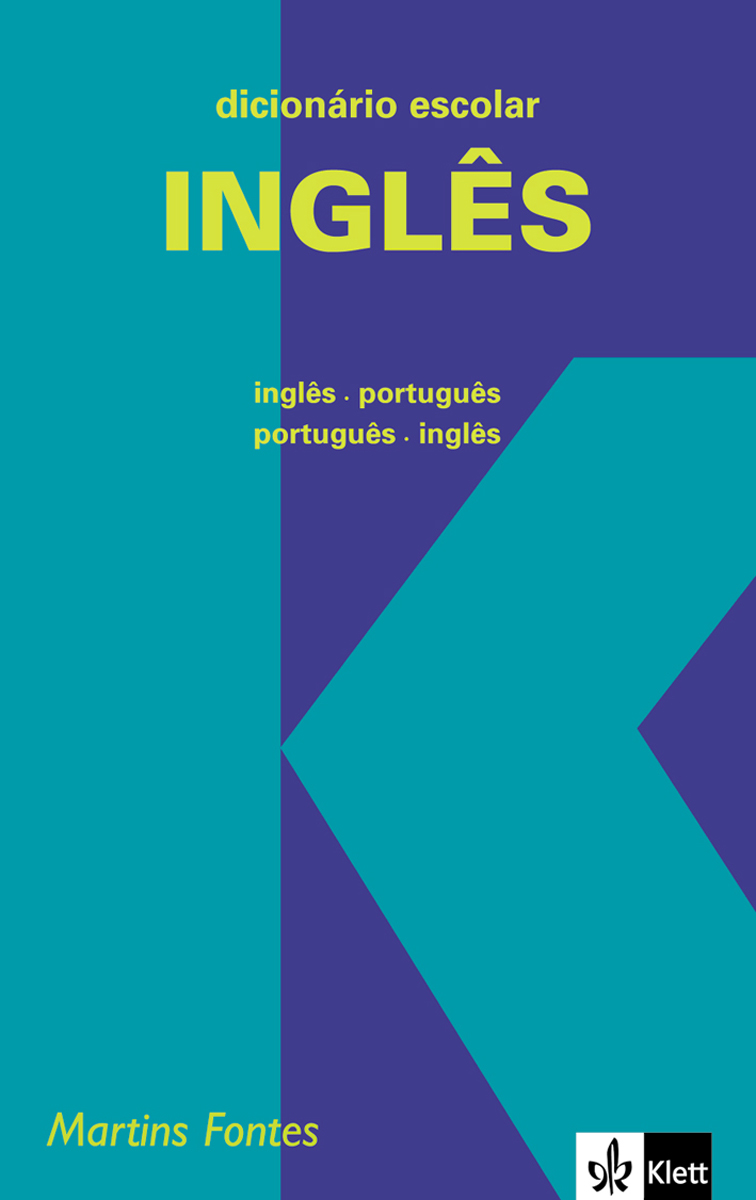 Umschlag eines zweisprachigen Englisch-Portugiesischen Schulwörterbuchs mit dem Titel dicionário escolar INGLÊS von Martins Fontes, mit einem blauen und grünen geometrischen Muster.