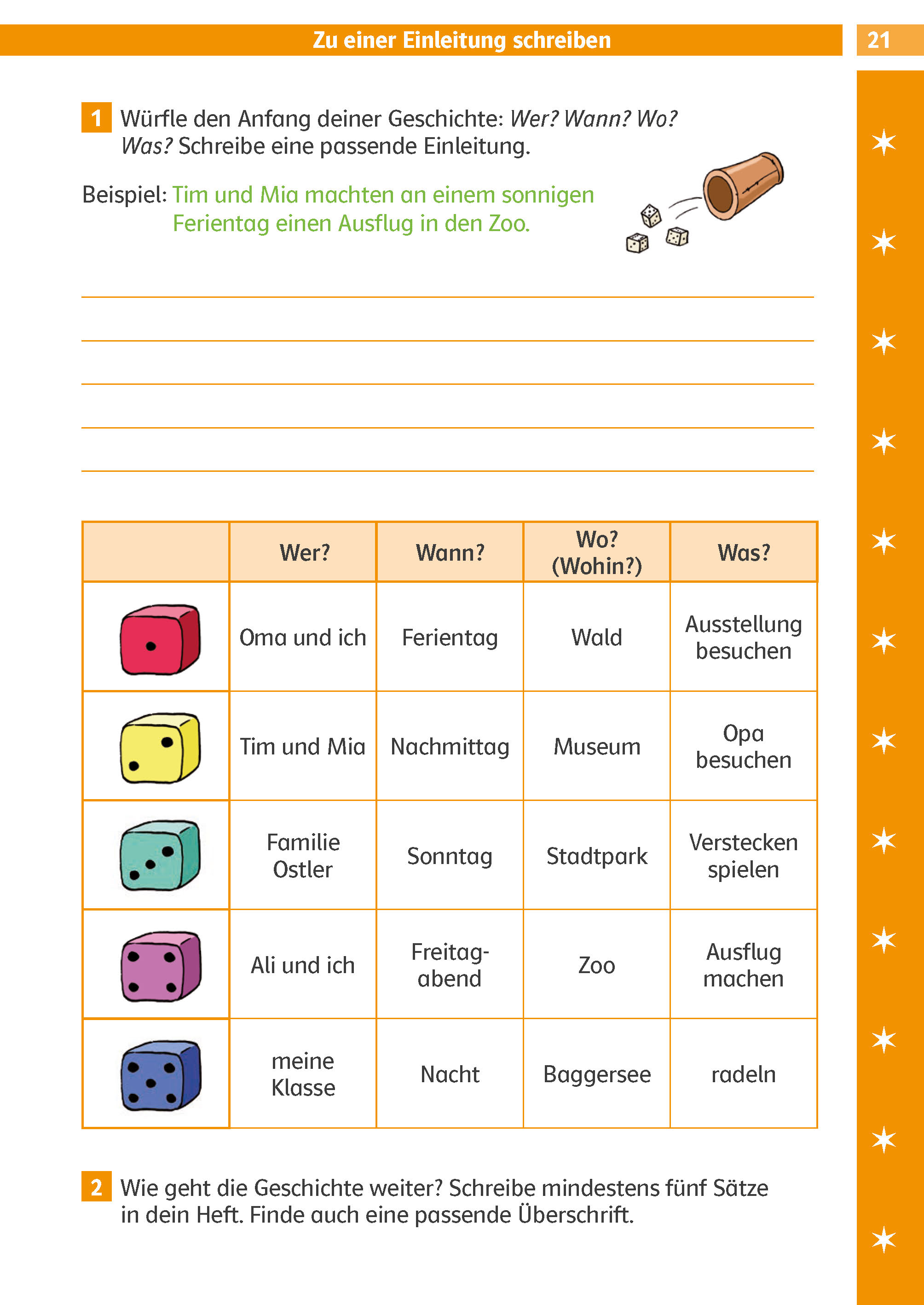 Ein Arbeitsblatt zum Verfassen von Geschichteneinführungen auf Deutsch, mit einer Tabelle mit möglichen Geschichtenanfängen und bunten Würfelillustrationen zur zufälligen Auswahl.