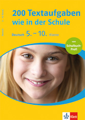 Nahaufnahme eines lächelnden Mädchens auf dem Umschlag eines deutschen Arbeitsbuchs mit dem Titel 200 Textaufgaben wie in der Schule für die Klassen 5-10, herausgegeben von Klett.