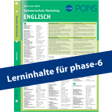 Umschlag eines PONS-Vokabelheftes für englisches Marketing mit einem blauen diagonalen Banner mit der Aufschrift Lerninhalte für phase-6.