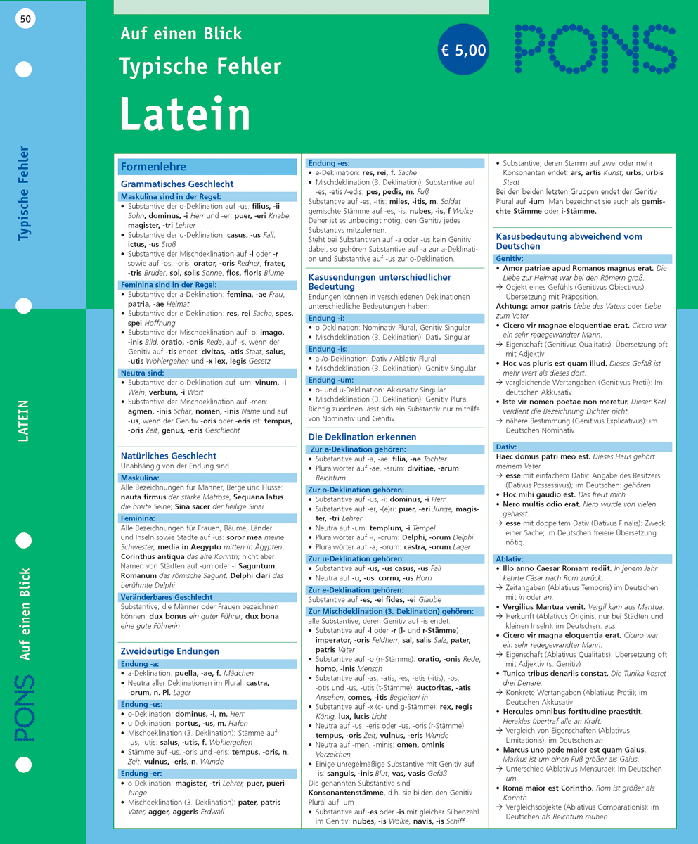 Ein deutschsprachiges Nachschlagewerk für häufige lateinische Grammatikfehler mit Regeln, Beispielen und Erklärungen in blau-grünem Layout.