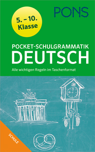 Buchumschlag der PONS Pocket-Schulgrammatik Deutsch für die Klassen 5-10, mit Zeichnungen eines Parlamentsgebäudes, einer Kuckucksuhr und einer Brezel auf einem Kreidegrund.