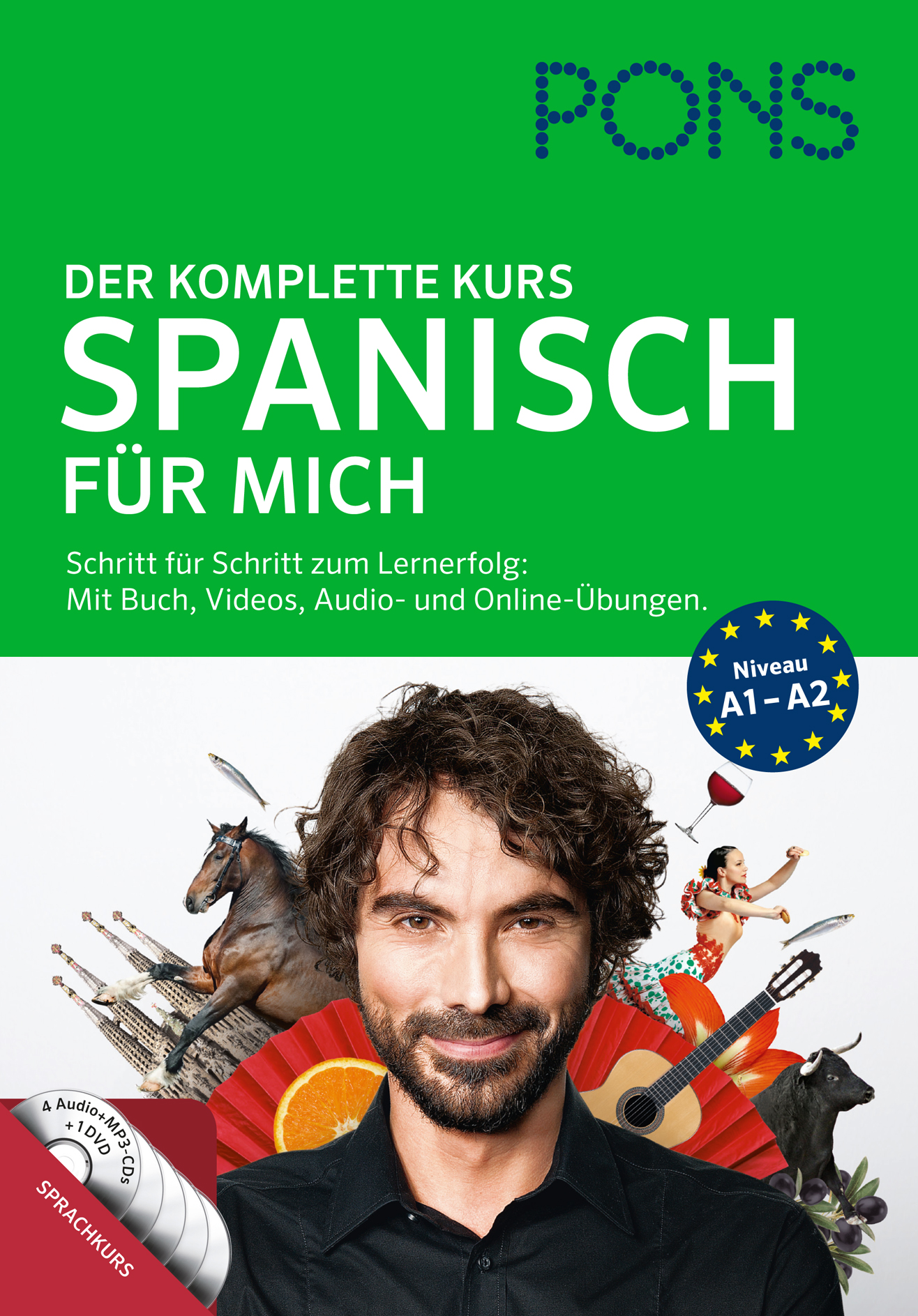 Buchumschlag für PONS Der Komplette Kurs Spanisch Für Mich mit einem Mann, Tierbildern, einer Gitarre und Musiknoten, mit grünem und weißem Text und einem Abzeichen für das Niveau A1-A2.