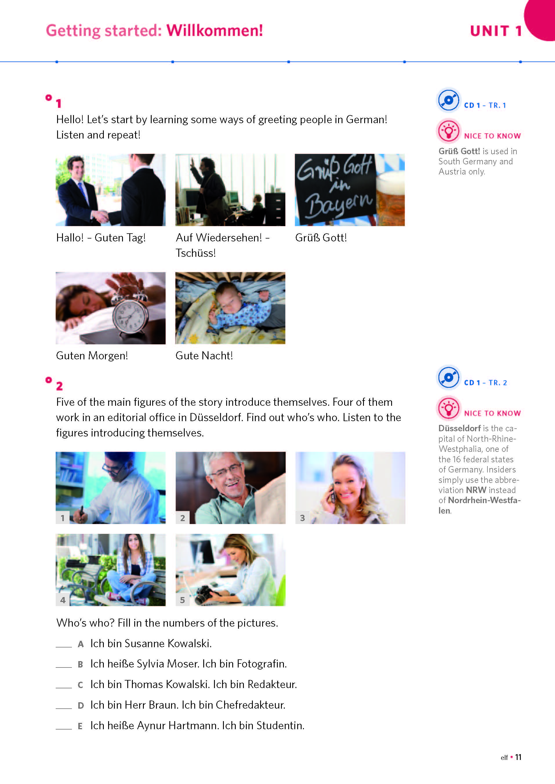 Eine Lehrbuchseite zeigt deutsche Grußformeln mit Fotos von Personen und einer Zuordnungsübung. Es gibt Hinweise zu regionalen Redewendungen und Düsseldorf sowie CD-Symbole für Audiospuren.