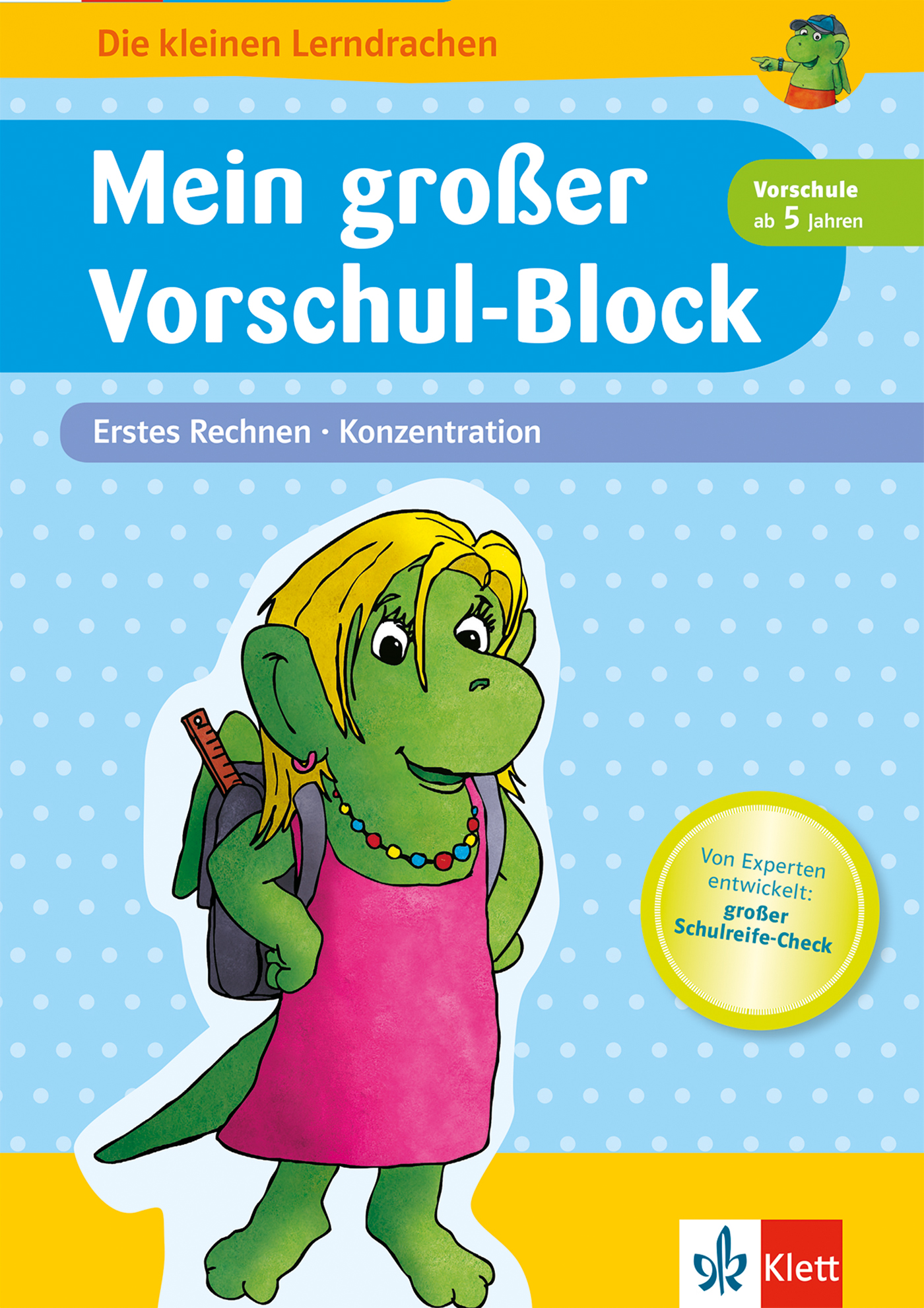 Ein grüner Cartoon-Drache in einem rosa Kleid und mit einem Rucksack steht auf einem blauen gepunkteten Hintergrund auf einem deutschen Vorschul-Aktivitätsbuch-Cover.