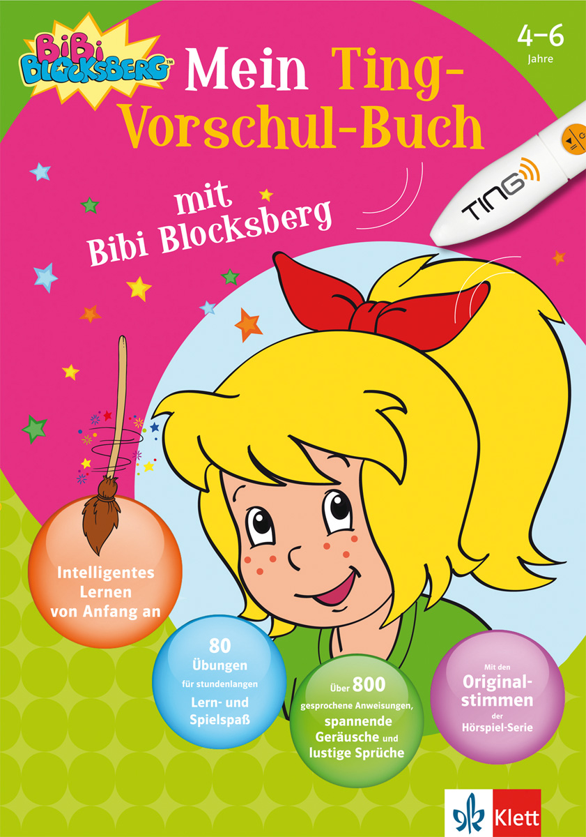 Buntes Cover des Mein Ting-Vorschul-Buches mit Bibi Blocksberg für 4-6 Jahre, mit der Zeichentrickfigur Bibi Blocksberg, einem TING-Stift und einem Werbetext zum Thema Lernen und Aktivitäten.