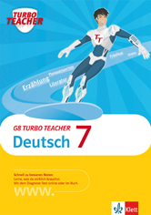 Ein Cartoon-Superheld in einem weiß-blauen Anzug mit TT auf der Brust fliegt über einem Text mit der Aufschrift G8 Turbo Teacher Deutsch 7 auf einem gelb-blauen Buchdeckel.