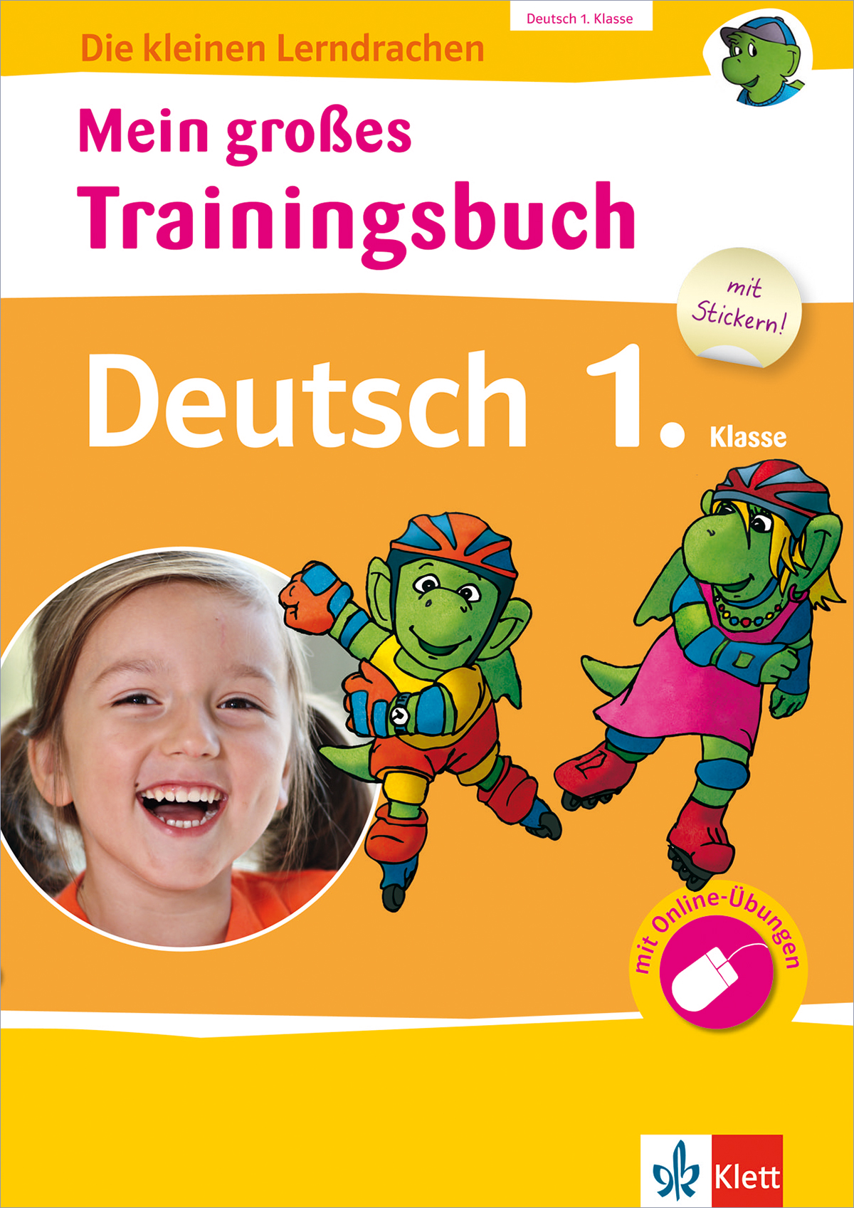 Umschlag eines Arbeitsbuchs für die deutsche Sprache für die erste Klasse mit einem lächelnden Kind und zwei illustrierten Drachenfiguren in Sportoutfits. Der Text enthält Mein großes Trainingsbuch Deutsch 1. Klasse.