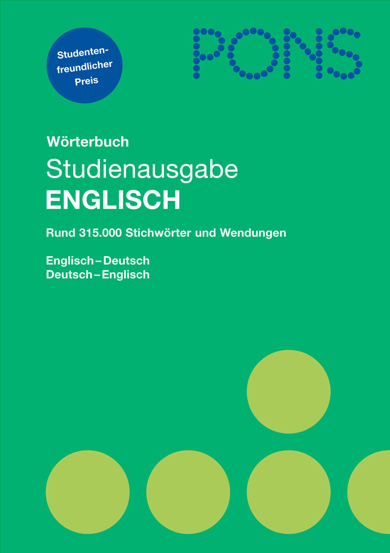 Grüner Einband eines PONS-Wörterbuchs Englisch-Deutsch, mit Titel, Editionsangaben und vier großen gelben Punkten am unteren Rand.