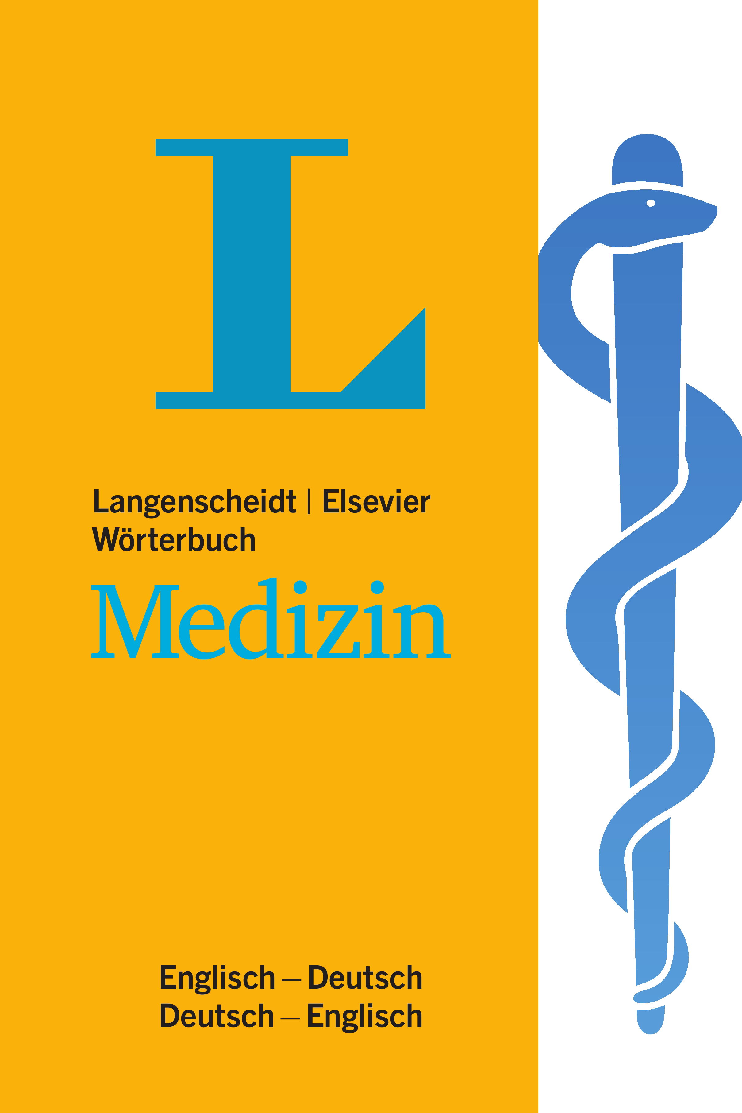 Langenscheidt Elsevier Wörterbuch Medizin Englisch Bucheinband mit gelbem und weißem Hintergrund, einem großen blauen L, einem Caduceus-Symbol und Text: Langenscheidt Elsevier Wörterbuch Medizin, Englisch-Deutsch, Deutsch-Englisch.