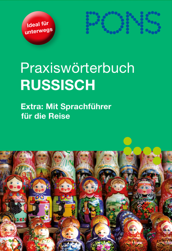 Umschlag eines deutsch-russischen Sprachführers von PONS, der Reihen bunter russischer Schachtelpuppen vor blauem Hintergrund zeigt.