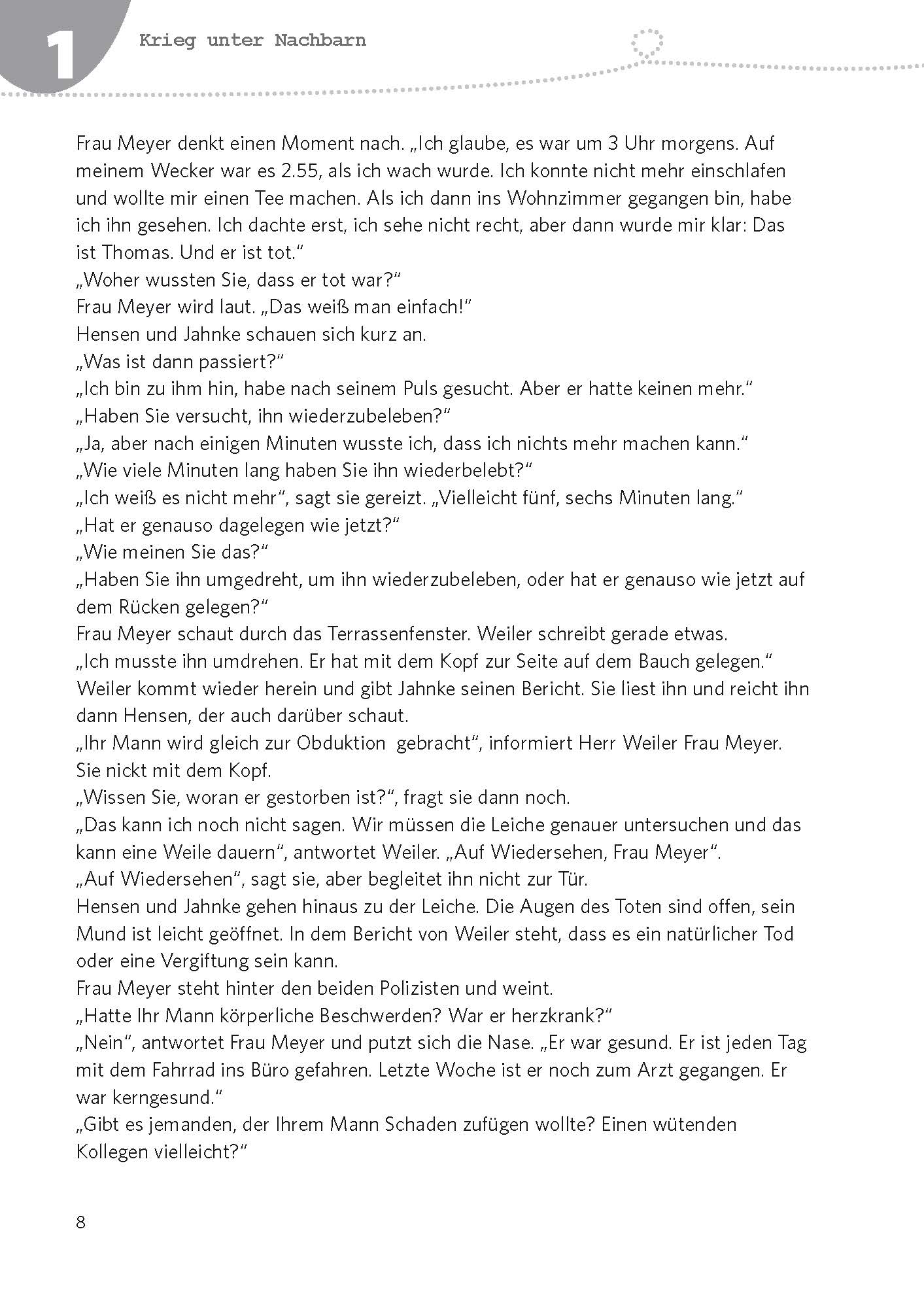 Eine Seite aus einem deutschen Buch oder Arbeitsbuch mit einer Passage mit dem Titel Krieg unter Nachbarn und einem Dialog zwischen mehreren Personen über eine Situation, in der es um jemanden namens Thomas geht.