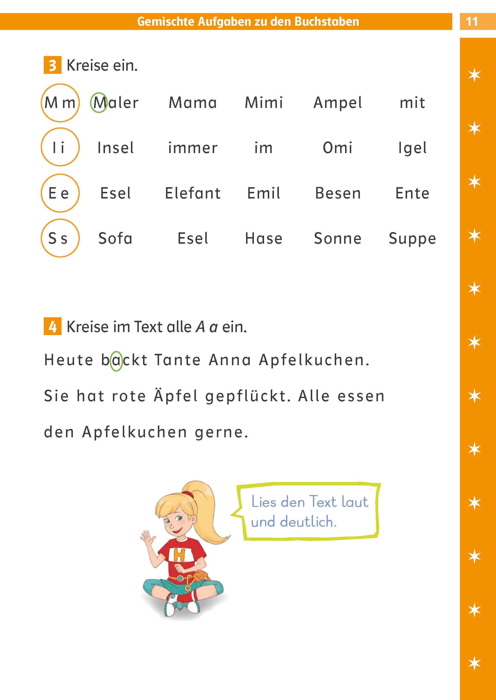 Eine Seite eines Arbeitsbuchs für die deutsche Sprache mit Übungen, bei denen Wörter und Buchstaben eingekreist werden, und einer Illustration eines Mädchens in Rot, das ein Buch in der Hand hält, am unteren Rand.