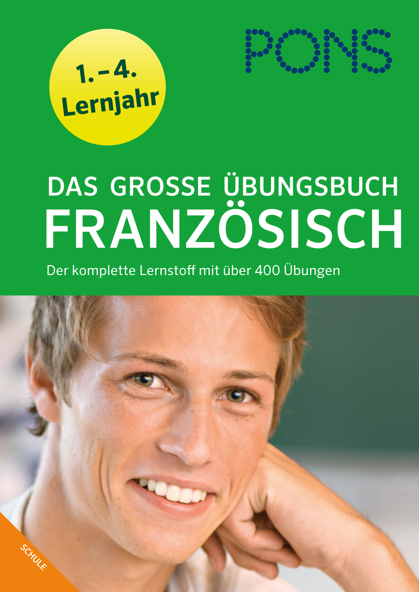 Umschlag eines deutschsprachigen Französisch-Übungsbuchs für die Schule mit dem Titel Das große Übungsbuch Französisch, mit einem lächelnden jungen Menschen im Vordergrund.