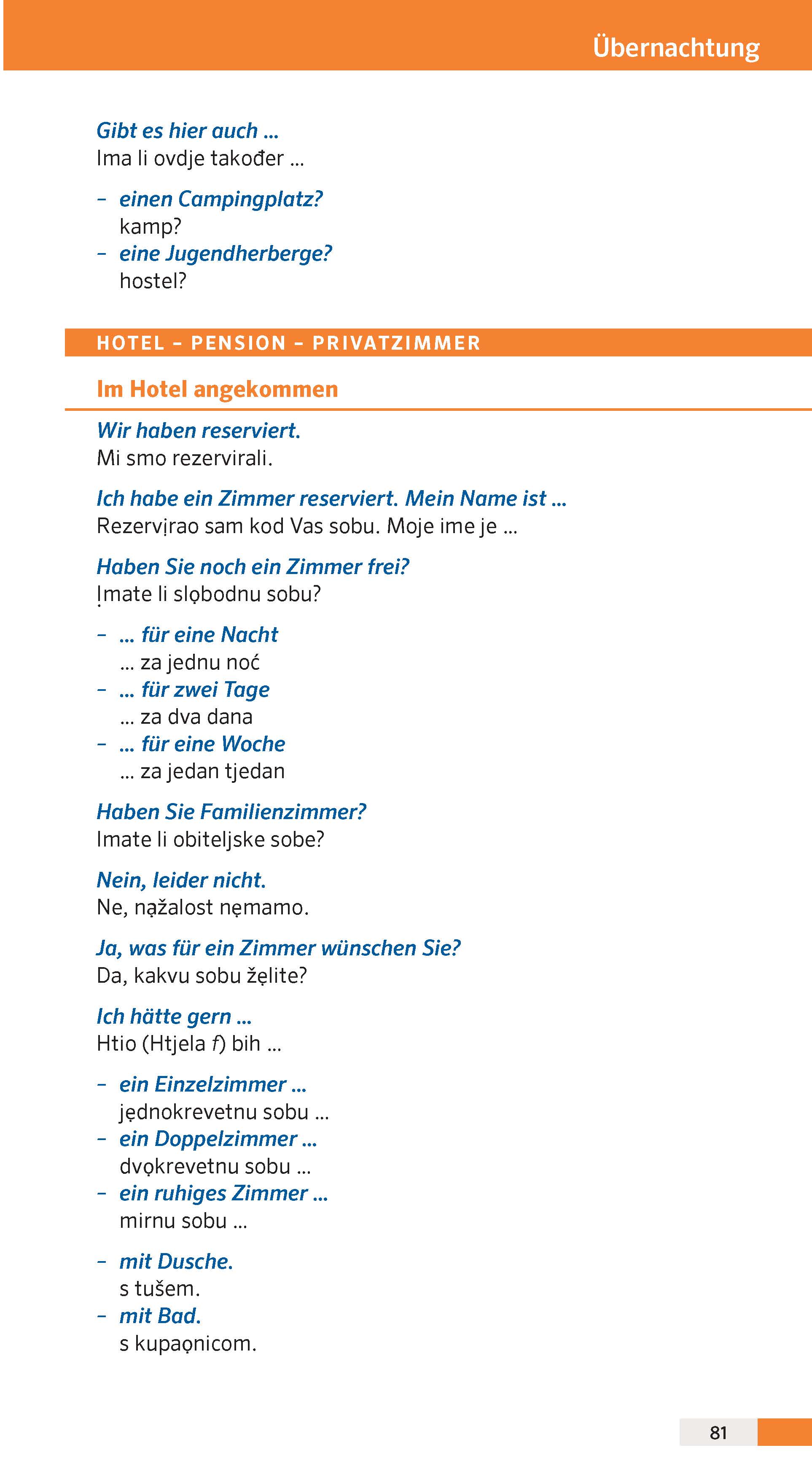 Eine Seite aus einem Sprachlehrbuch mit deutschen Phrasen im Zusammenhang mit Hotelreservierungen, mit Übersetzungen ins Kroatische und hervorgehobenen Überschriften in Orange und Gelb.