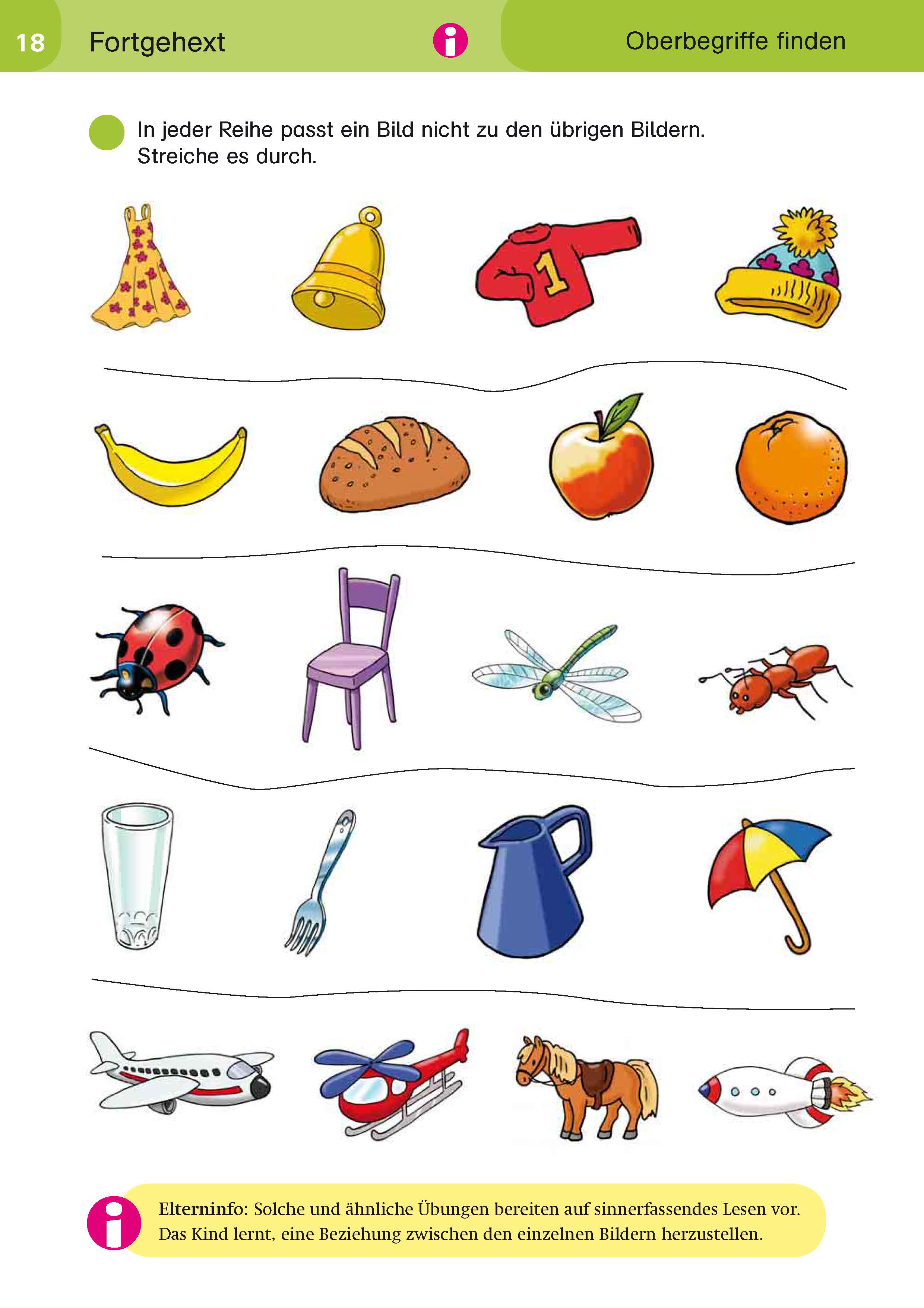 Ein Arbeitsblatt mit vier Reihen von illustrierten Objekten; jede Reihe enthält vier Gegenstände, von denen einer nicht zu den anderen gehört.