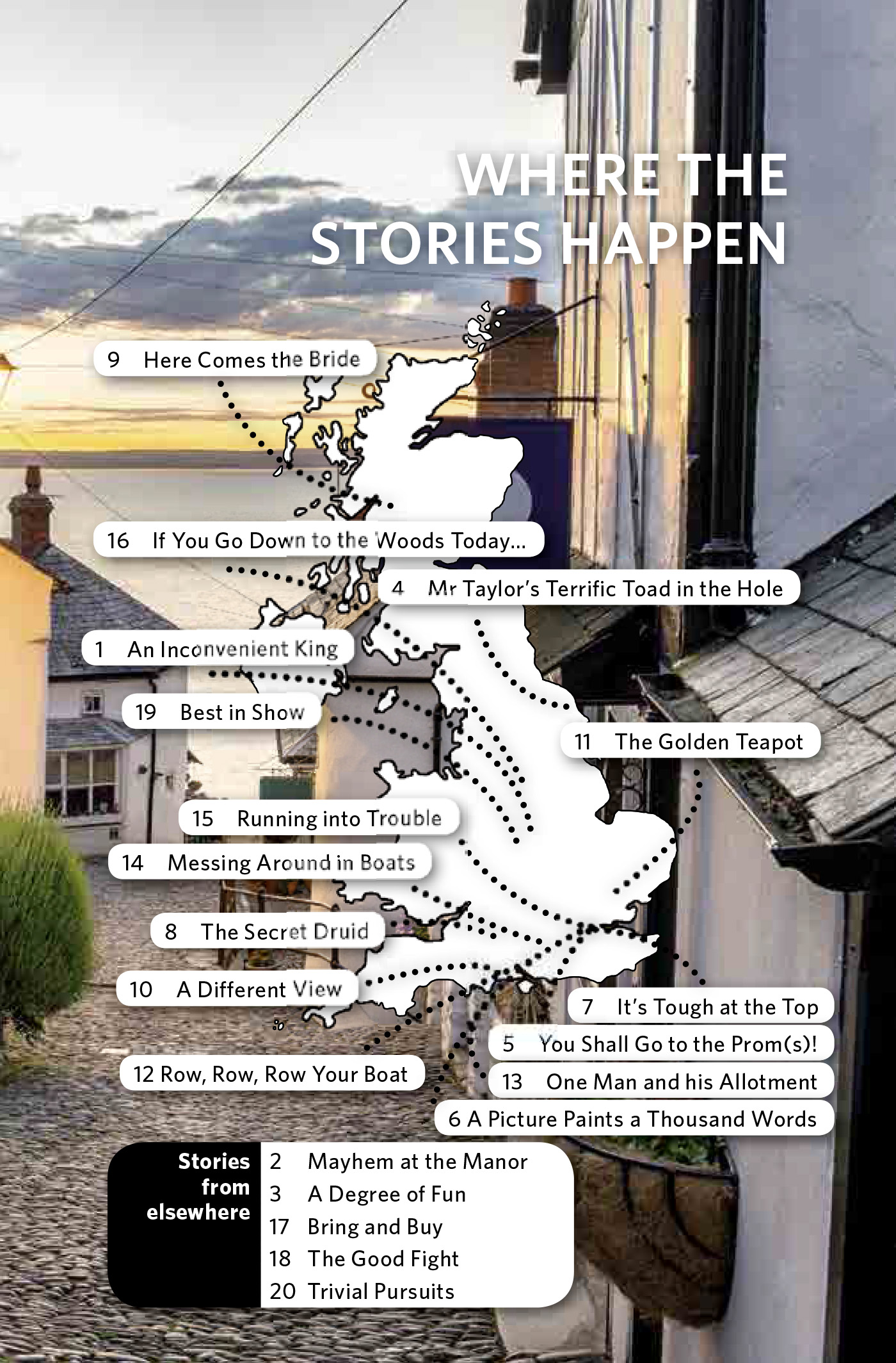 Eine Karte des Vereinigten Königreichs mit nummerierten Titeln, die an verschiedenen Stellen eingezeichnet sind, überlagert ein Foto einer Dorfstraße von oben.