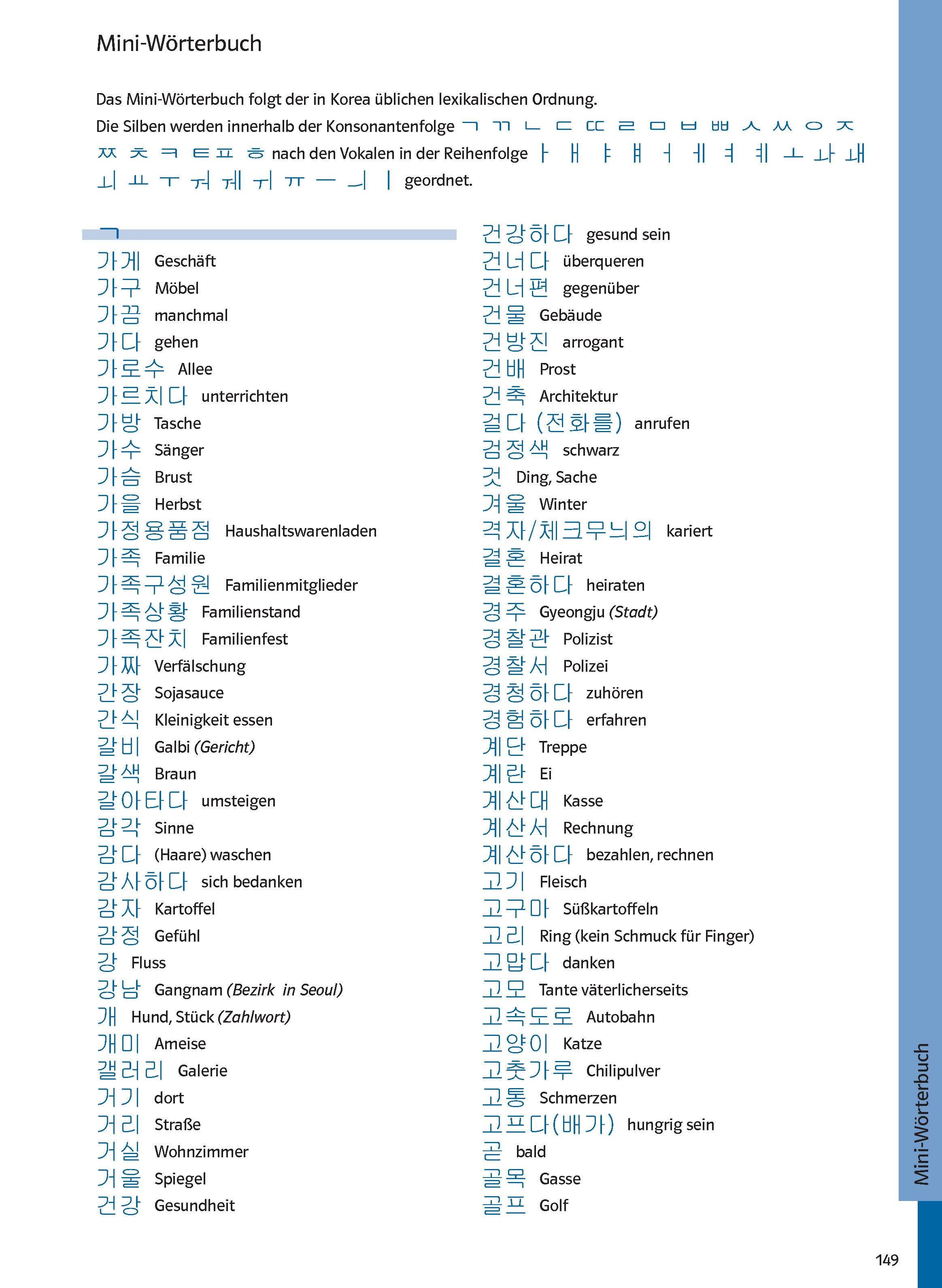 Eine Seite aus einem Mini-Wörterbuch mit deutschen Wörtern und ihren koreanischen Übersetzungen, alphabetisch geordnet in drei Spalten. Jeder Eintrag enthält das deutsche Wort, das koreanische Wort und die Aussprache.