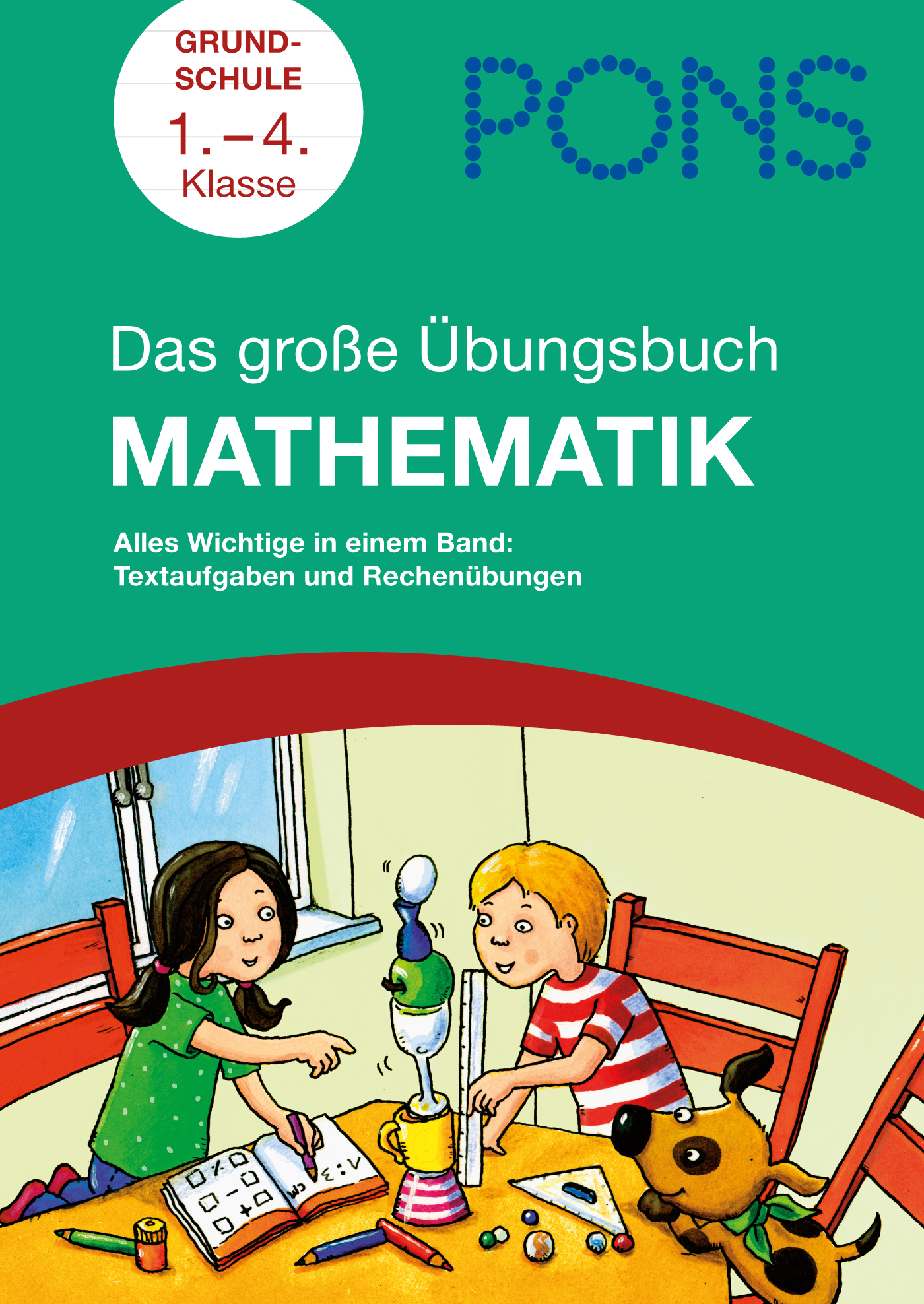 Umschlag eines deutschen Mathe-Heftes für die Klassen 1-4, das zwei Kinder beim Stapeln von Gegenständen an einem Tisch zeigt, mit didaktischem Text und bunten Gestaltungselementen.