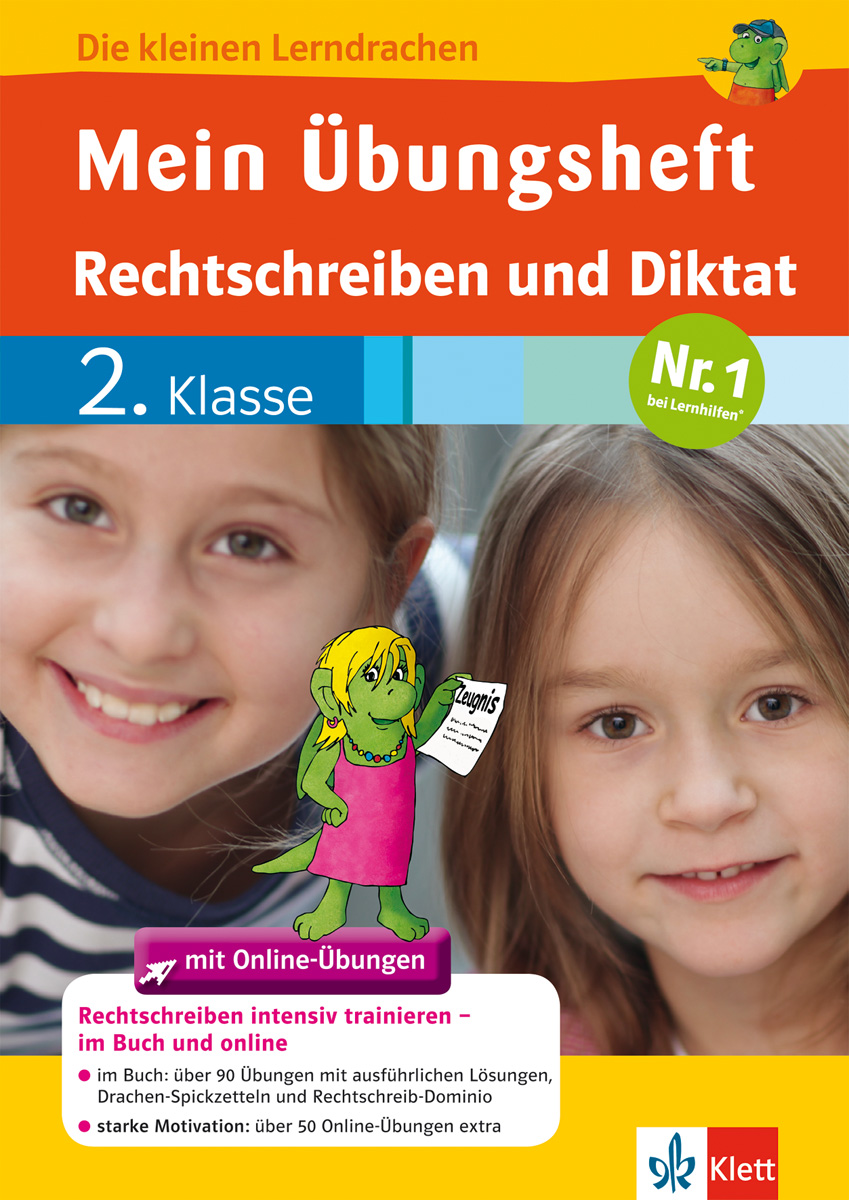 Umschlag eines deutschen Arbeitsbuchs mit dem Titel Mein Übungsheft Rechtschreiben und Diktat 2. Klasse, das einen Zeichentrickdrachen und schreibende Kinder zeigt.