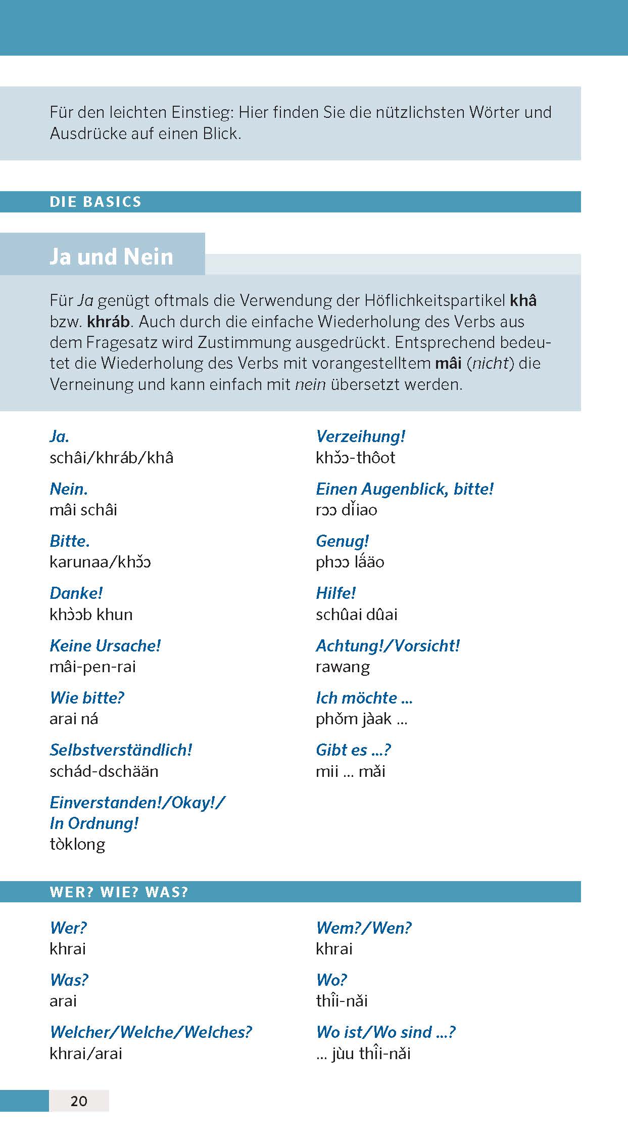 Ein deutsch-thailändischer Sprachführer mit Phrasen für Ja und Nein und Übersetzungen für gängige Ausdrücke wie Bitte, Danke, Entschuldigung und Hilfe.