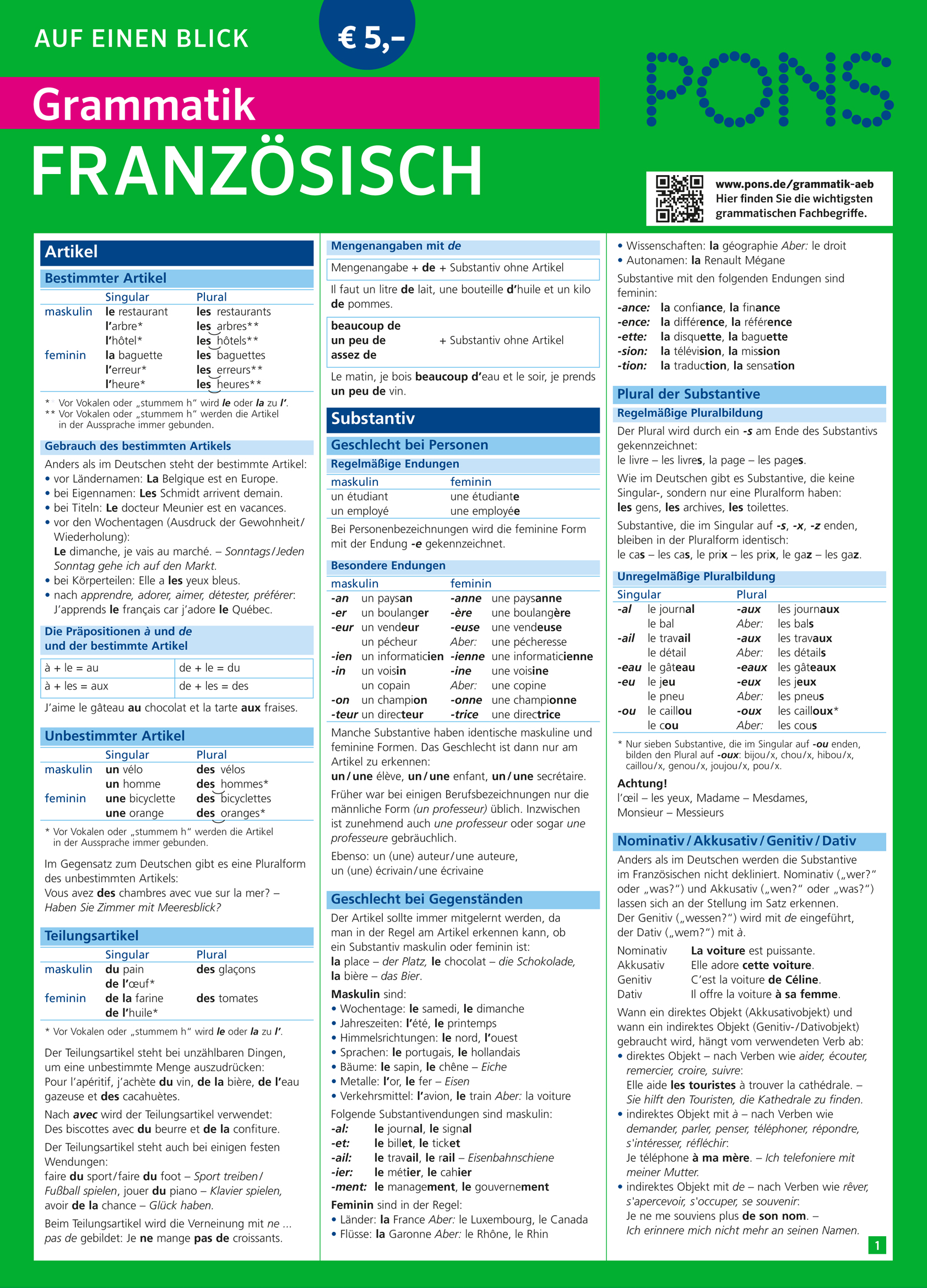 Ein deutschsprachiges Nachschlagewerk, das die wichtigsten Aspekte der französischen Grammatik zusammenfasst, einschließlich Artikel, Substantive, Pluralformen und Adjektivgebrauch, mit farblich gekennzeichneten Abschnitten und Überschriften.