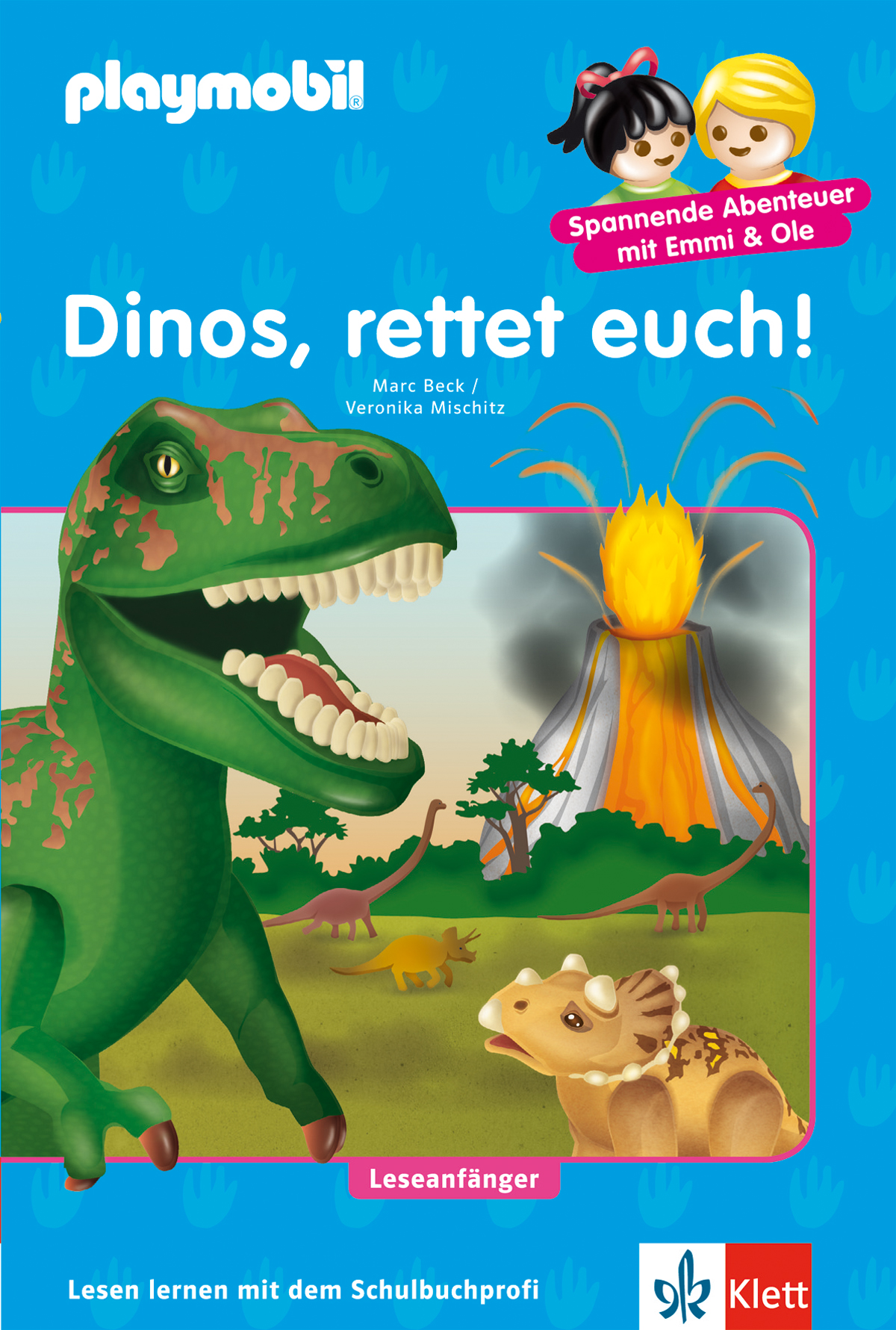 Das Buchcover zeigt Cartoon-Dinosaurier, einen Vulkanausbruch und das Playmobil-Branding, mit dem deutschen Titel Dinos, rettet euch! und Informationen zur Lesestufe.