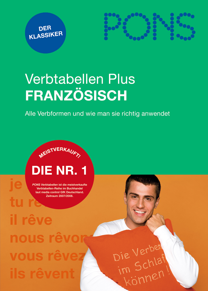 Umschlag des Buches PONS Verbtabelle Plus Französisch, mit einer lächelnden Person, die das Buch in der Hand hält, und einem deutschen Text über französische Verbtabellen.