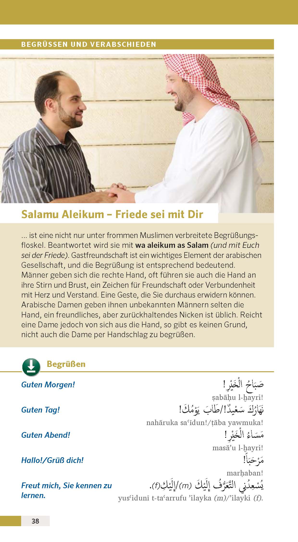 Eine deutschsprachige Informationsseite erklärt den arabischen Gruß Salamu Aleikum, einschließlich seiner Bedeutung, des kulturellen Kontextes und Beispielen für Grüße auf Deutsch und Arabisch.