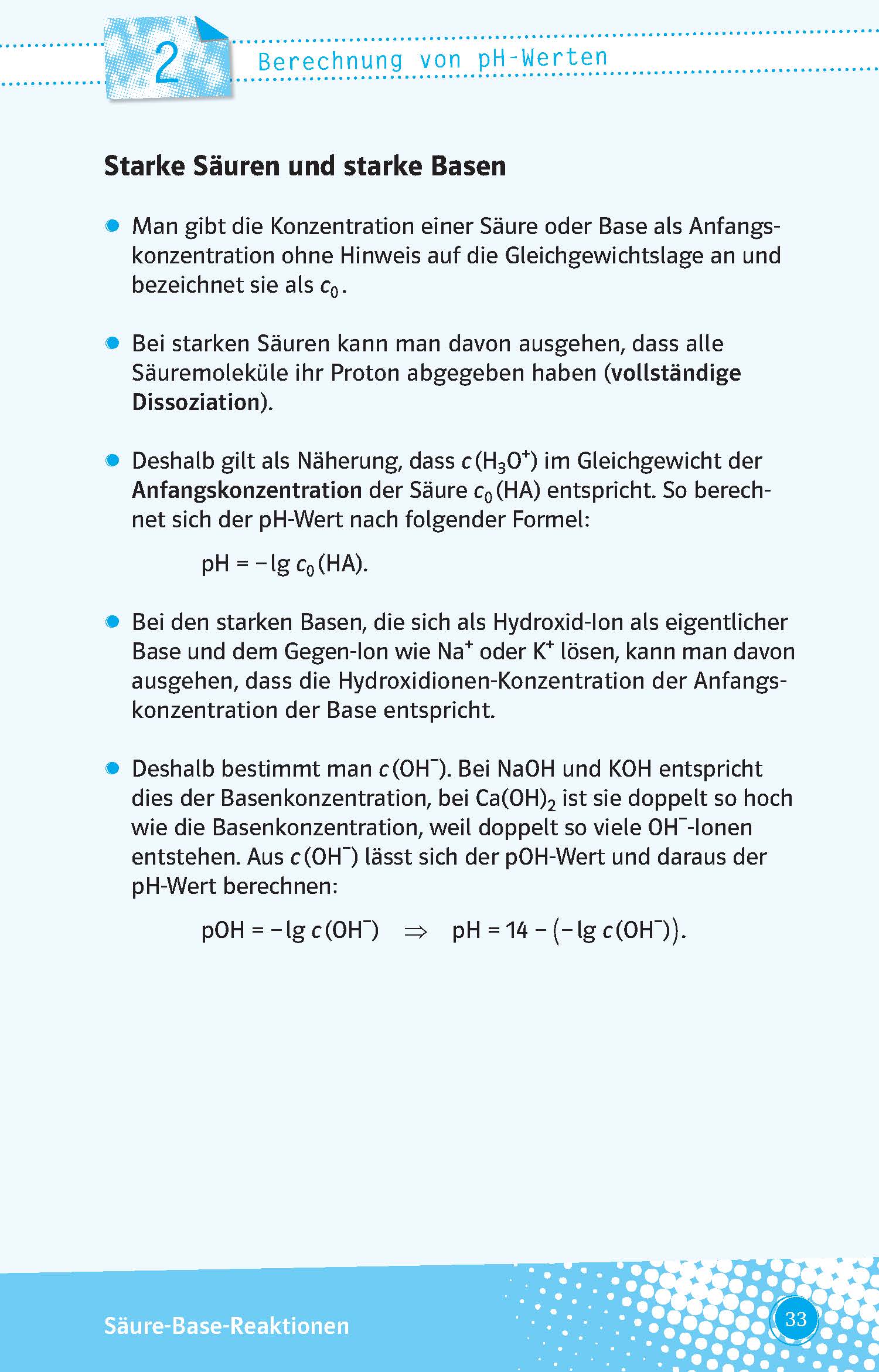 Eine Seite aus einem Chemie-Lehrbuch erklärt starke Säuren und Basen, zeigt Aufzählungspunkte und präsentiert die Formel: pH = -lg c₀(HA) mit zugehörigem Text und einer blauen Überschrift.
