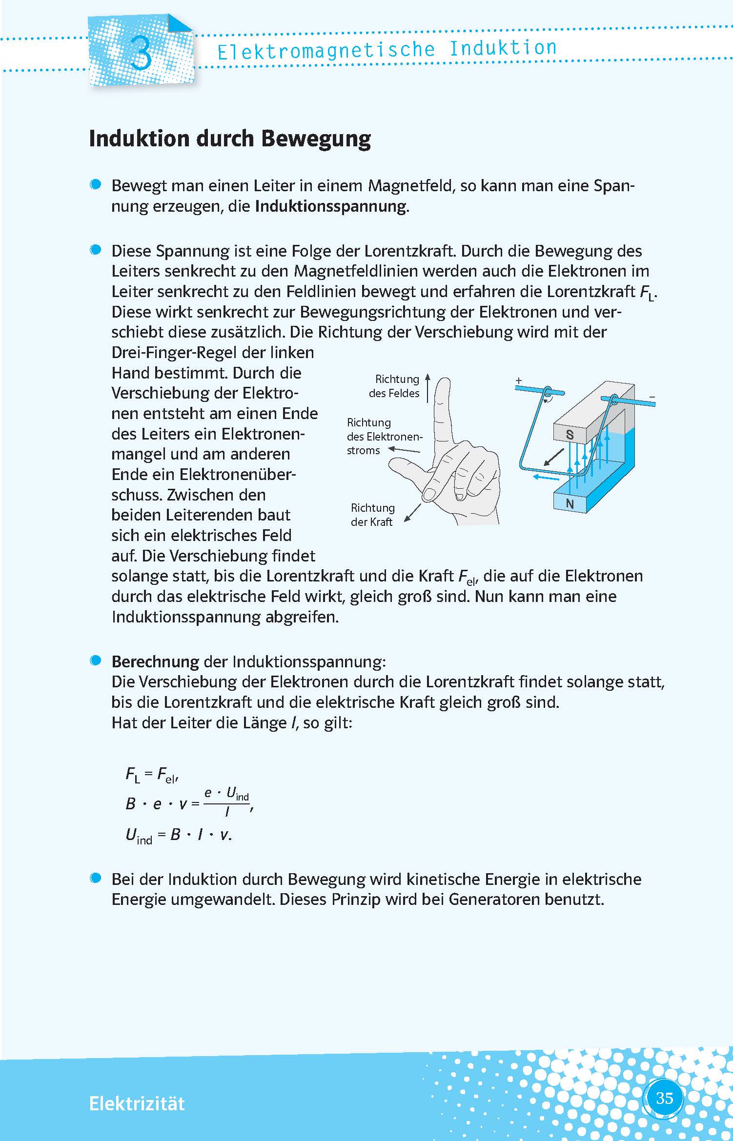Deutschsprachige Lehrbuchseite zur Erklärung der Induktion durch Bewegung, mit einem Diagramm, das einen Leiter zeigt, der sich in einem Magnetfeld bewegt, beschriftet zur Veranschaulichung der Richtung von Strom, Kraft und Feldlinien.