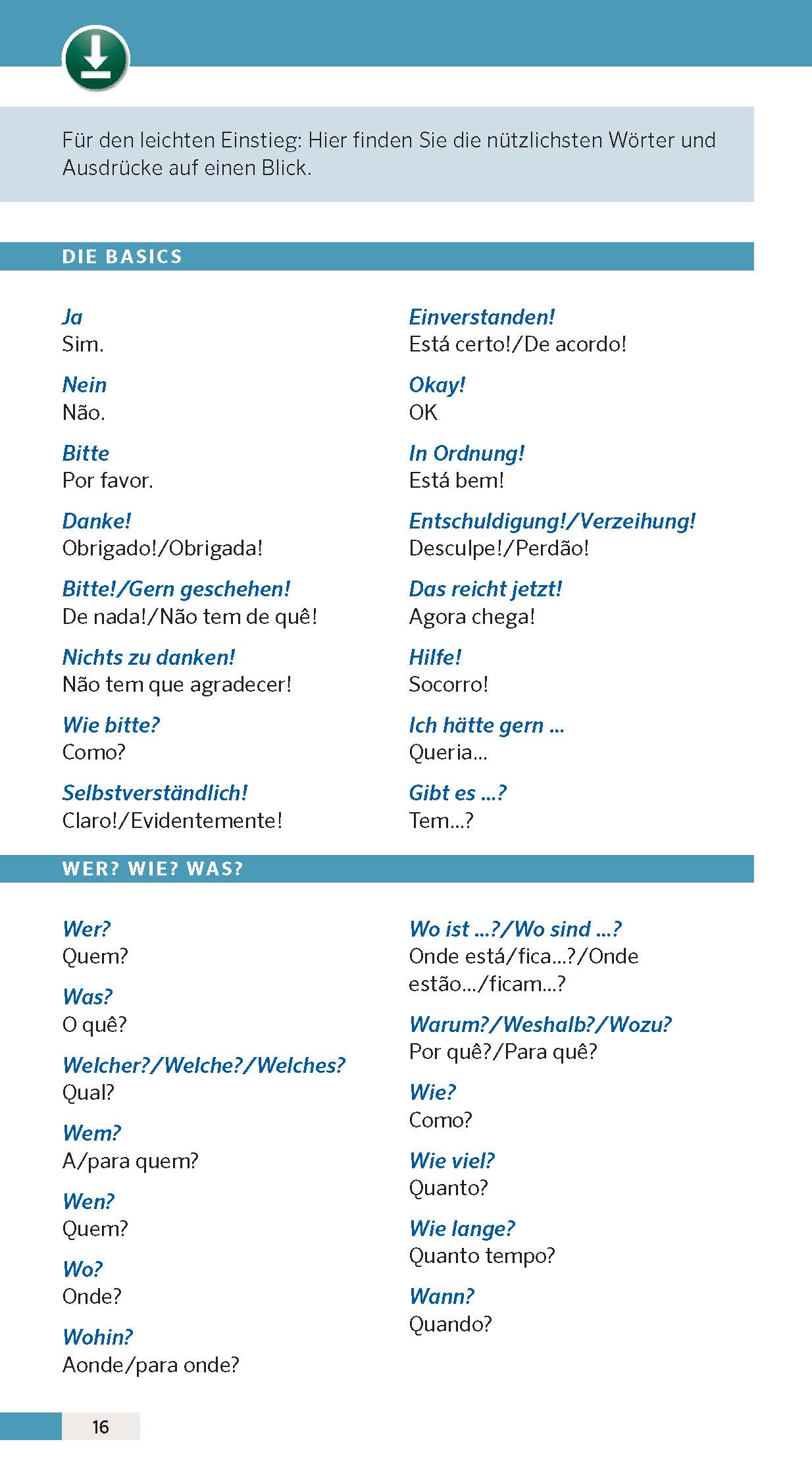 Eine zweisprachige deutsch-portugiesische Phrasenliste, gegliedert in Die Grundlagen und Wer? Wie? Was? gegliedert ist und gängige Wörter und Ausdrücke mit ihren Übersetzungen enthält.