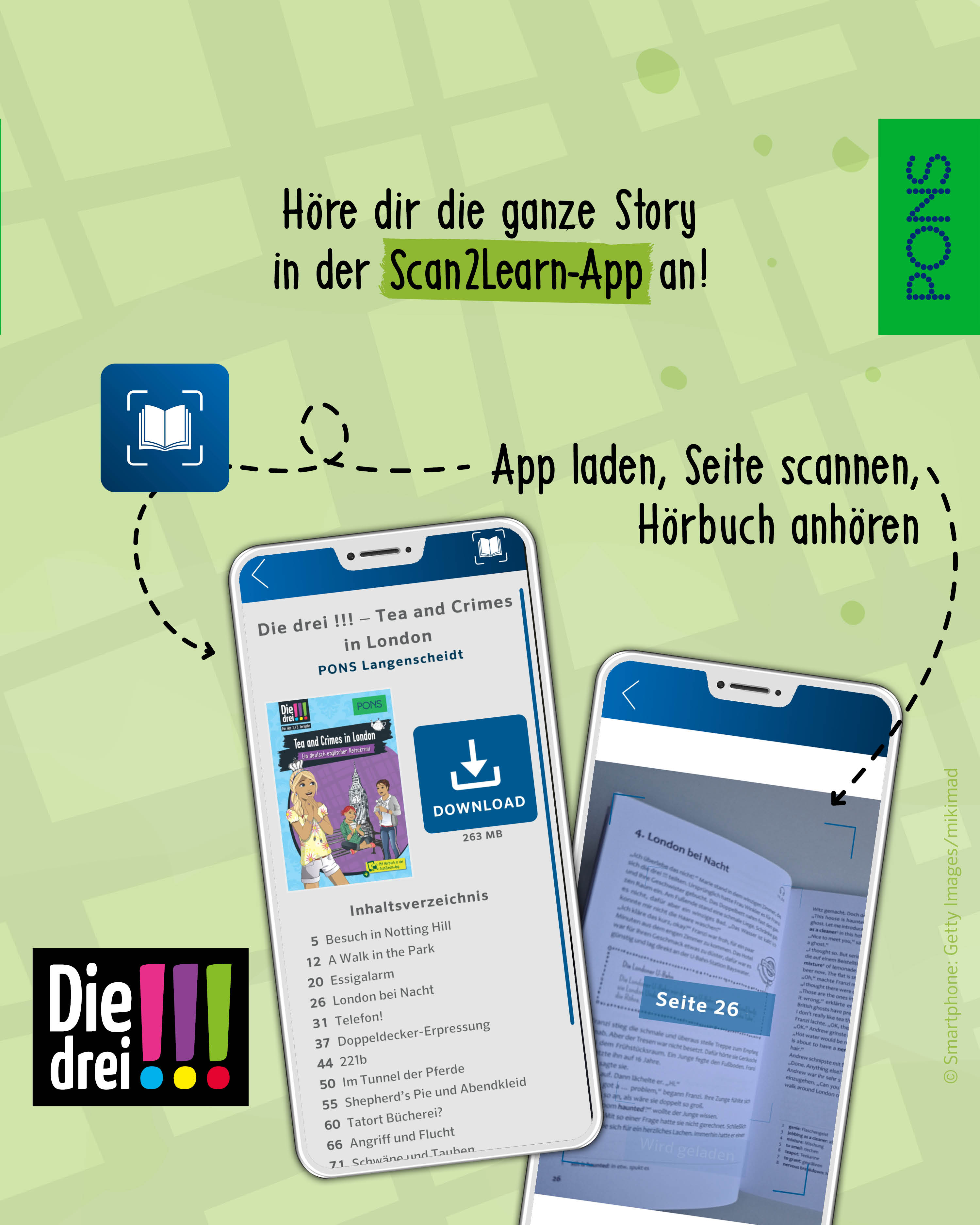 Eine App-Oberfläche auf zwei Smartphones zeigt Scan- und Hörfunktionen für die Geschichte Die drei !!! in der PONS Scan2Learn-App mit Anleitungen und Logos.