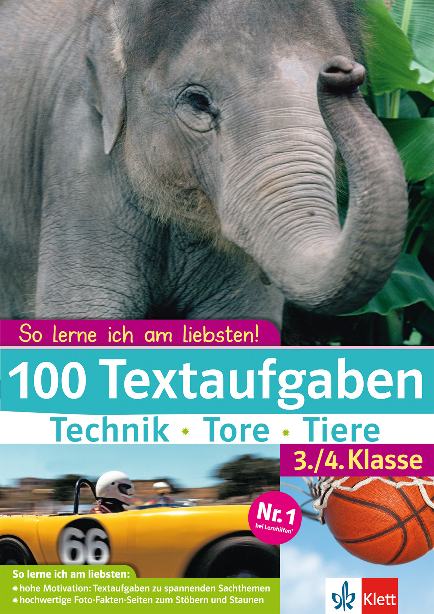 Buchdeckel mit Nahaufnahme eines Elefanten und eines Rennwagens; Text: 100 Textaufgaben Technik Tore Tiere 3./4. Klasse und Klett mit bunten Grafiken und Informationen für Schüler.