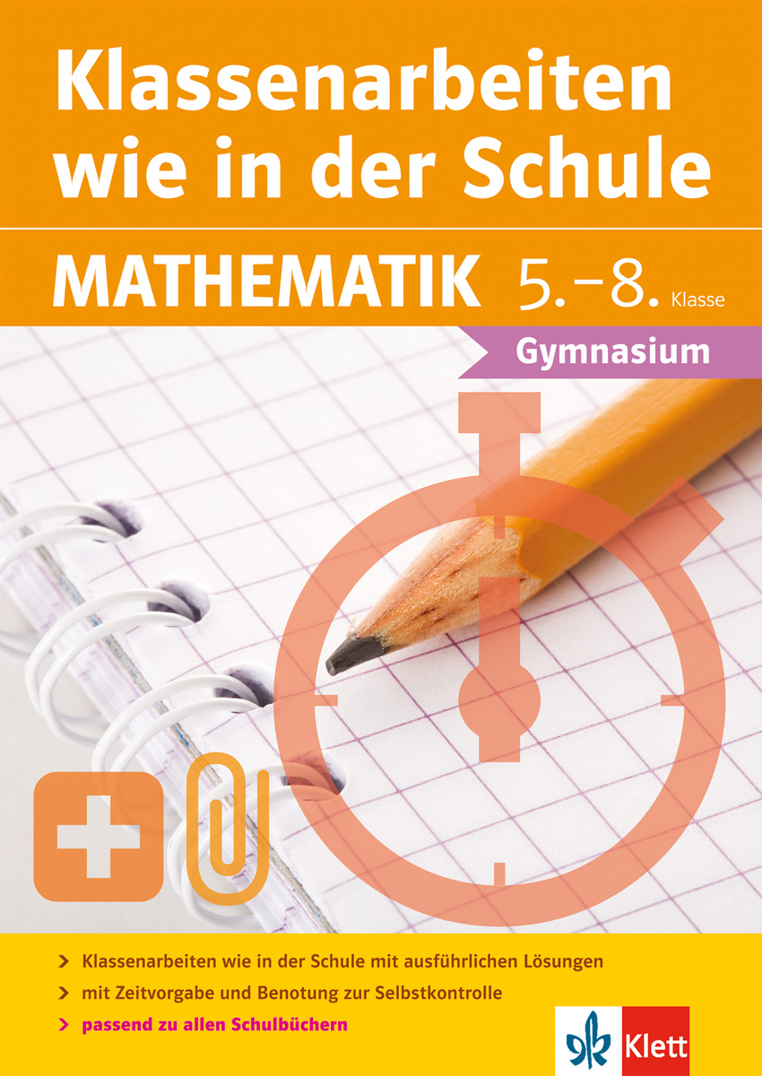 Umschlag eines deutschen Mathematik-Arbeitsheftes für die Klassen 5-8 mit einem Bleistift, Millimeterpapier, einem Winkelmesser und pädagogischen Symbolen.