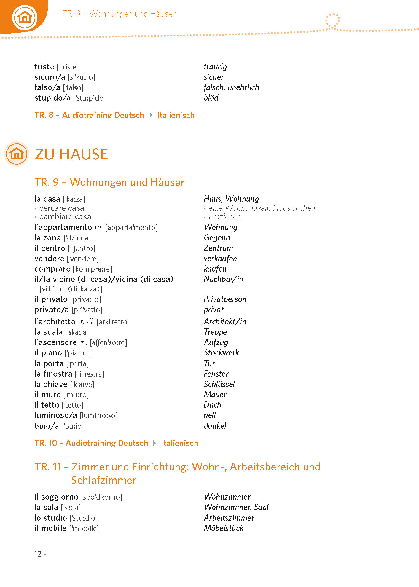 Eine Vokabelliste in deutscher Sprache mit italienischer Übersetzung und einigen englischen Wörtern, geordnet nach Themen; enthält Wörter zu den Themen Wohnen und Emotionen, mit Abschnitten für Audio-Training und weiteren Kapiteln.