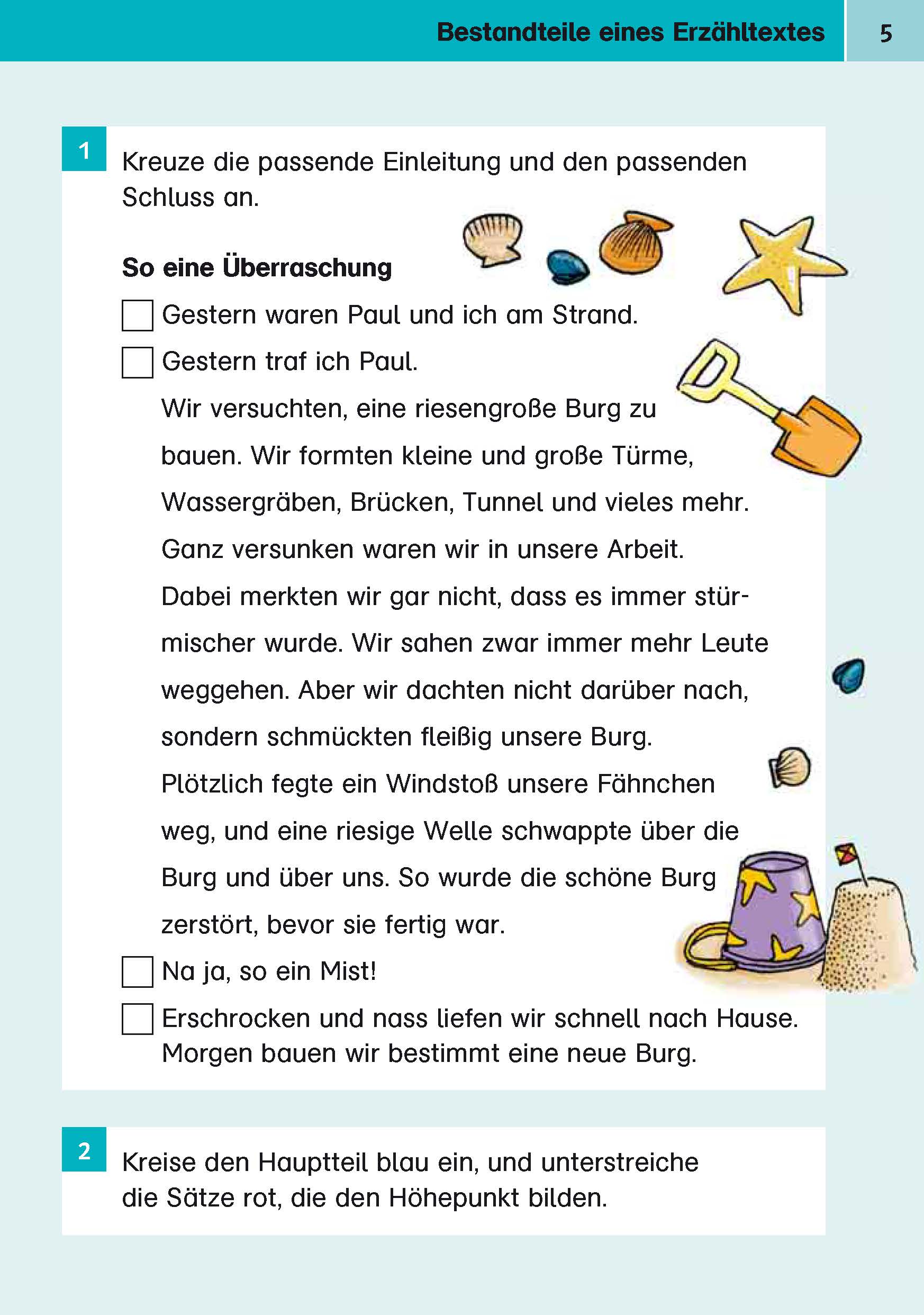 Eine deutsche Arbeitsblattseite enthält eine kurze illustrierte Geschichte über den Bau einer Sandburg, mit kleinen Zeichnungen von Kindern, einer Sandburg und Strandspielzeug. Textboxen und Anleitungen sind abgebildet.