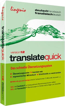 Eine Softwarebox für Linguatec translate quick Version 12, ein deutsch-französisches Übersetzungssystem, mit grünem und gelbem Text auf weißem Hintergrund und einer Wasserspritzergrafik.