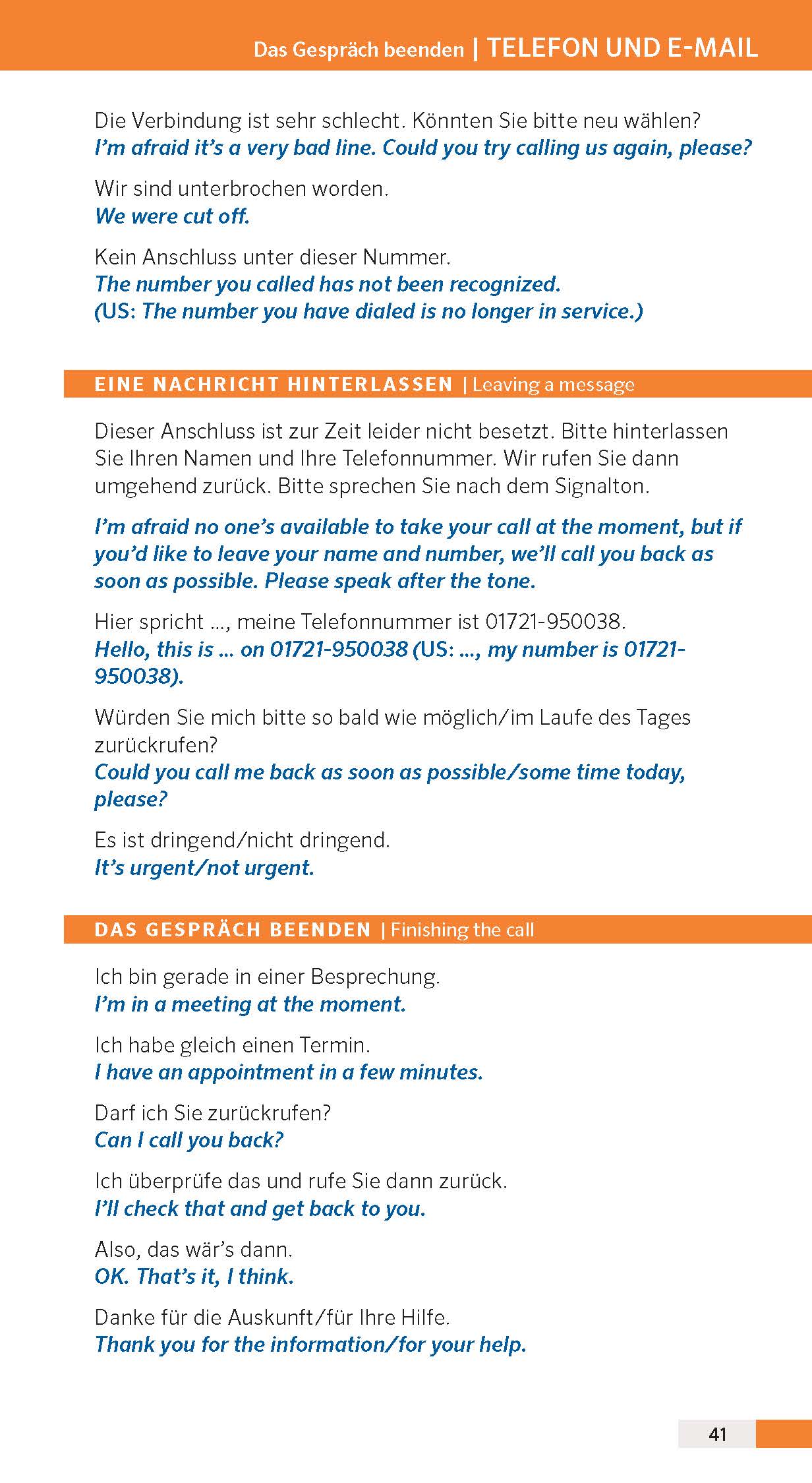 Auf einer Seite eines deutsch-englischen Sprachführers sind Beispielsätze für Telefonanrufe und E-Mails aufgeführt, darunter Sätze über eine schlechte Verbindung und das Hinterlassen einer Nachricht.