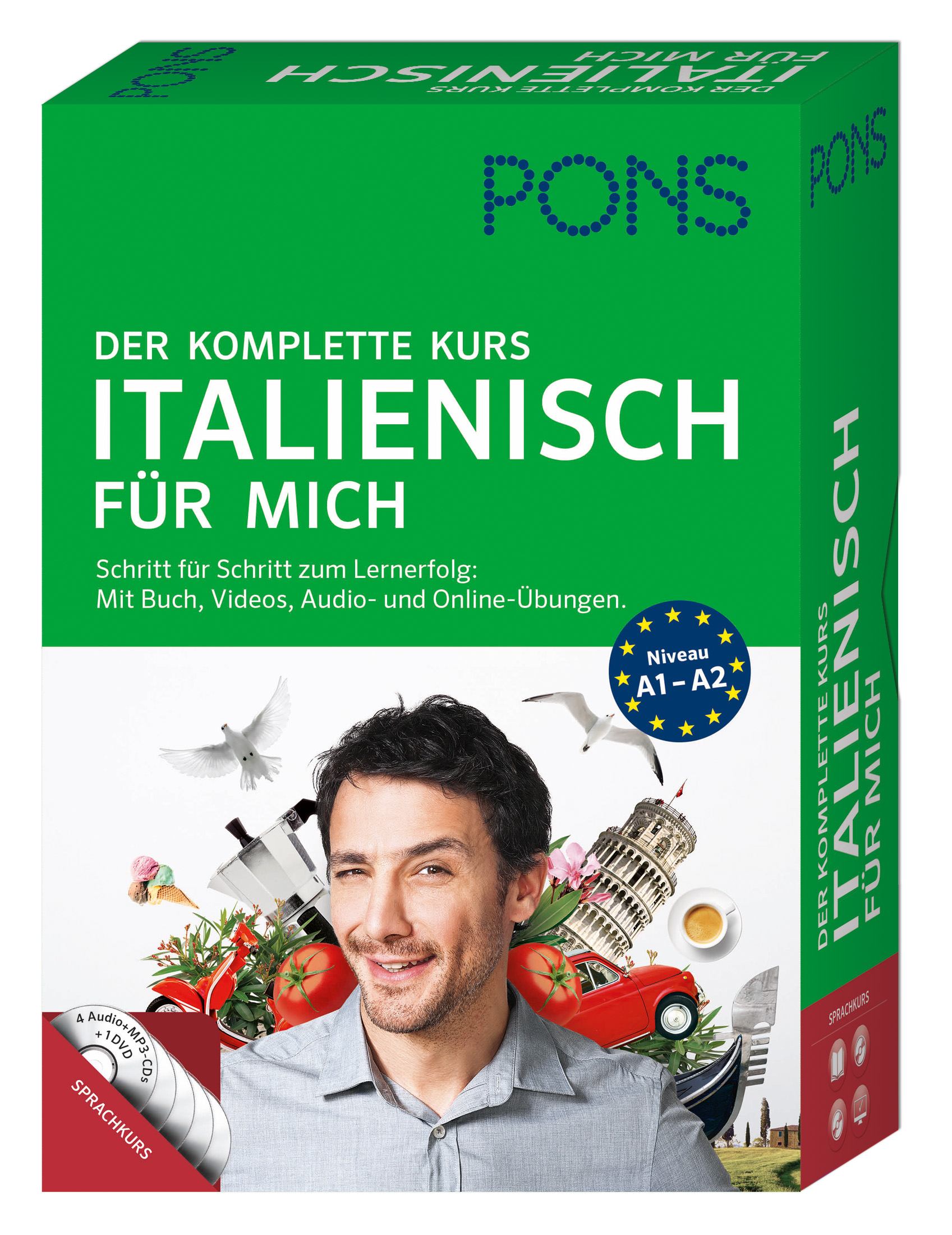 Eine grüne PONS-Box mit dem Titel Der komplette Kurs Italienisch für mich zeigt einen lächelnden Mann, italienische Wahrzeichen und einen Text, der darauf hinweist, dass sie Buch, Videos, Audio und Online-Übungen enthält.