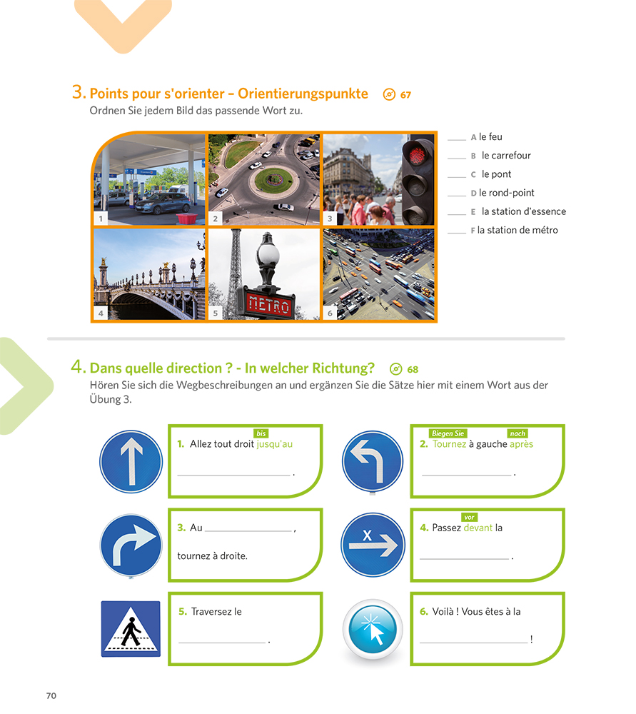 Eine Übungsseite zur französischen Sprache mit Bildern von Sehenswürdigkeiten und Straßenschildern, Multiple-Choice-Fragen und Aufgaben zum Ausfüllen von Formularen zum Thema Wegbeschreibung und Orientierung.