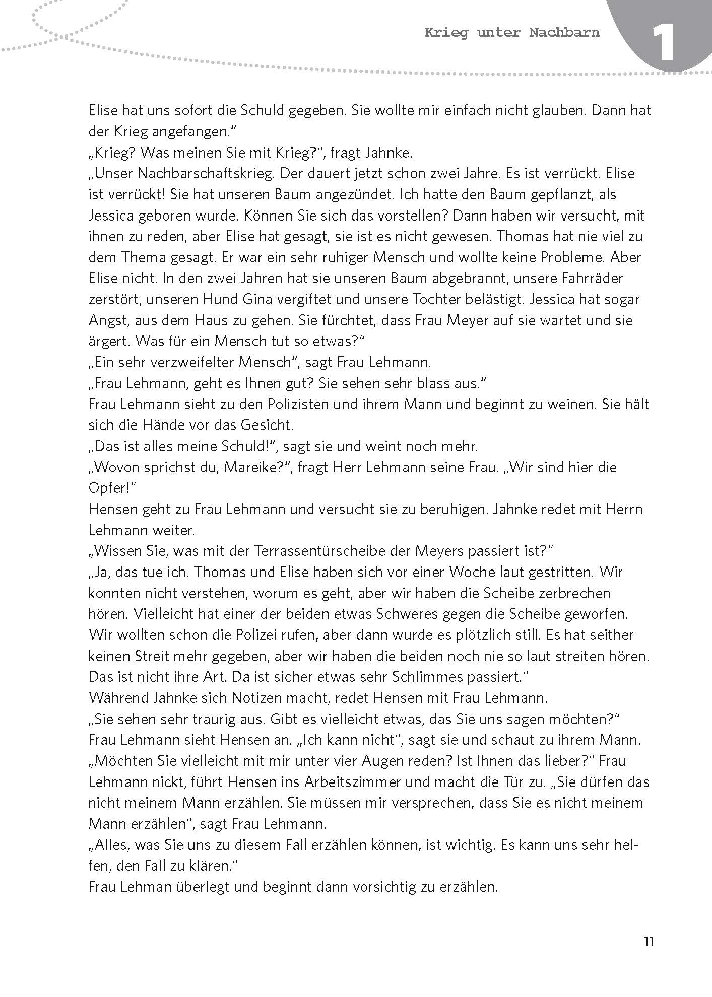 Eine Seite aus einem deutschen Buch mit dem Titel Krieg unter Nachbarn, die einen Dialog über Nachbarschaftsstreitigkeiten zeigt, mit schwarzem Text auf weißem Hintergrund und blauen Abschnittsüberschriften.