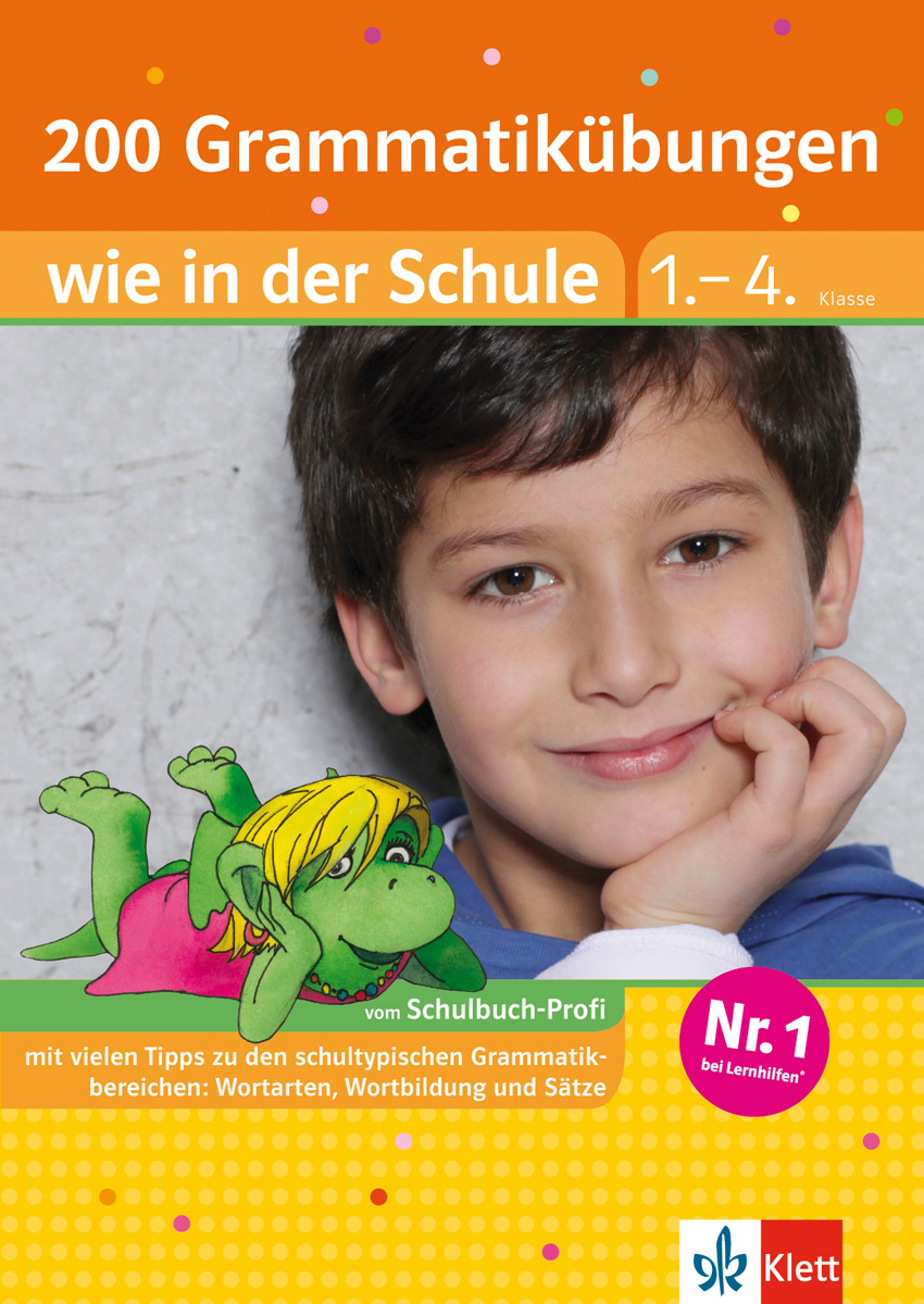Umschlag eines deutschen Grammatikheftes für die Klassen 1-4, mit einem lächelnden Jungen und einer grünen Zeichentrickfigur, die ihren Kopf auf die Hände stützt.