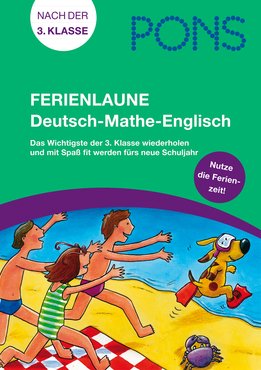 Der Umschlag des Buches FERIENLAUNE Deutsch-Mathe-Englisch zeigt Kinder und einen Hund, die am Strand spielen, und wirbt für die Sommerlektüre für Schüler der dritten Klasse.