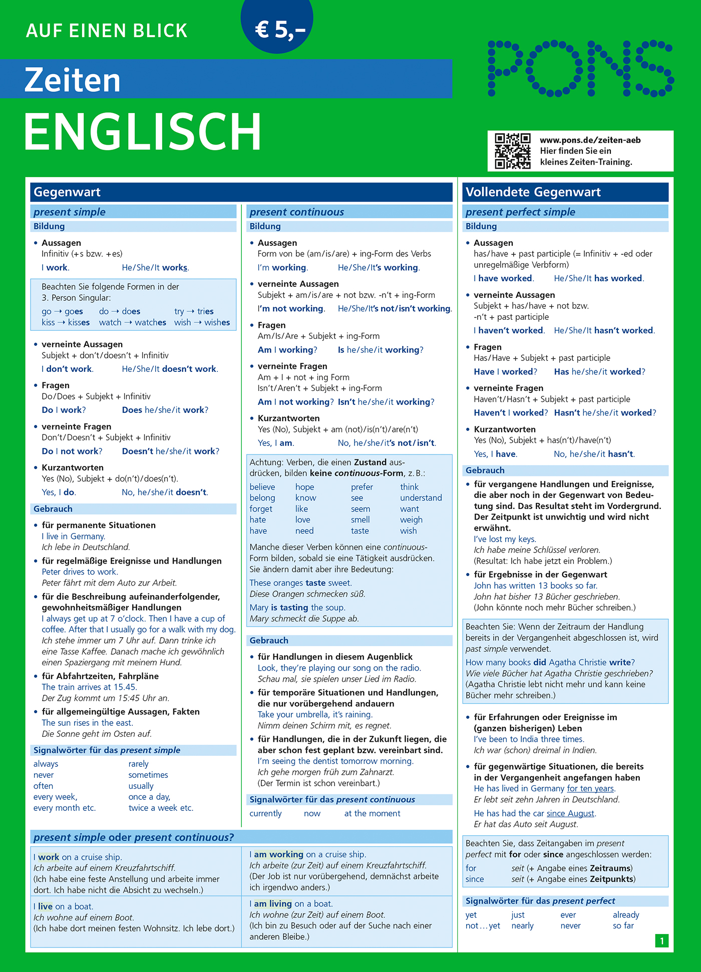 Eine deutschsprachige Referenztabelle für englische Verbformen mit Erklärungen, Beispielen und Signalwörtern für Präsens und Perfekt. Das Layout verwendet blaue, grüne und weiße Abschnitte.
