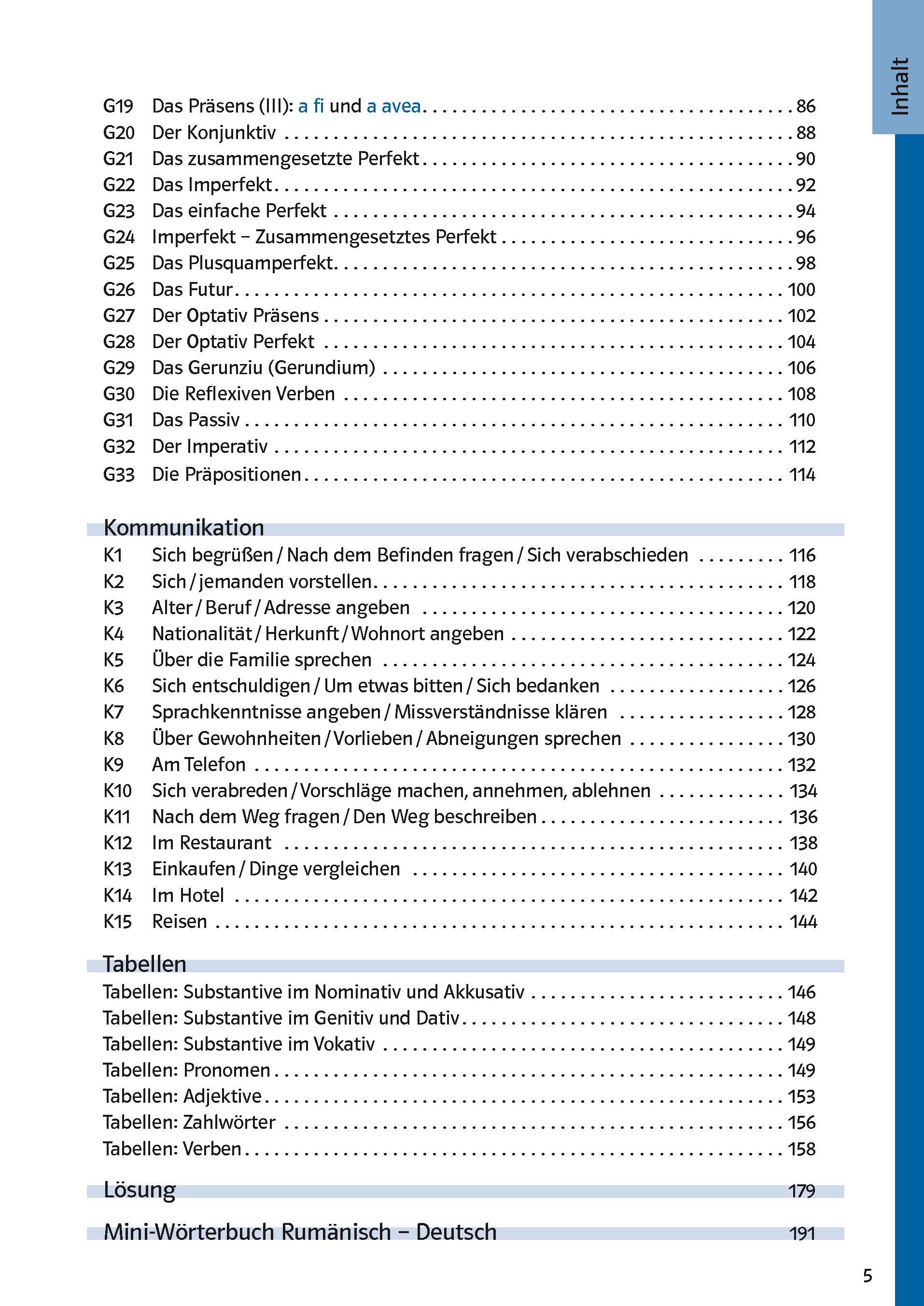Inhaltsverzeichnis auf Deutsch, das Grammatikthemen wie Zeitformen und Stimmungen sowie Kommunikationsthemen wie Einleitungen, Ansprachen und Auskünfte mit den entsprechenden Seitenzahlen auflistet.