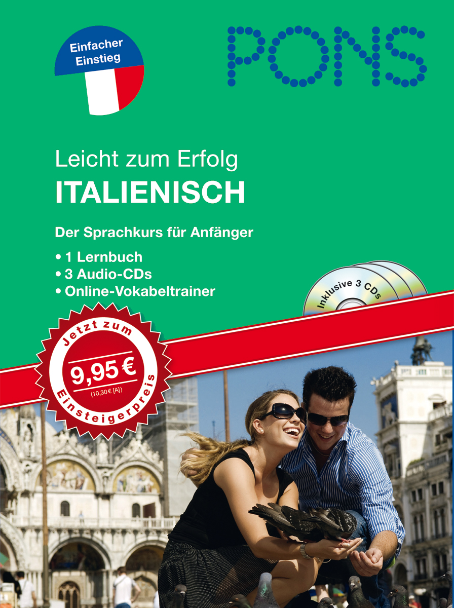 Cover eines deutsch-italienischen Sprachkursbuchs von PONS, das ein glückliches Paar beim Füttern von Tauben in einer italienischen Stadt zeigt, mit Produkt- und Preisinformationen.