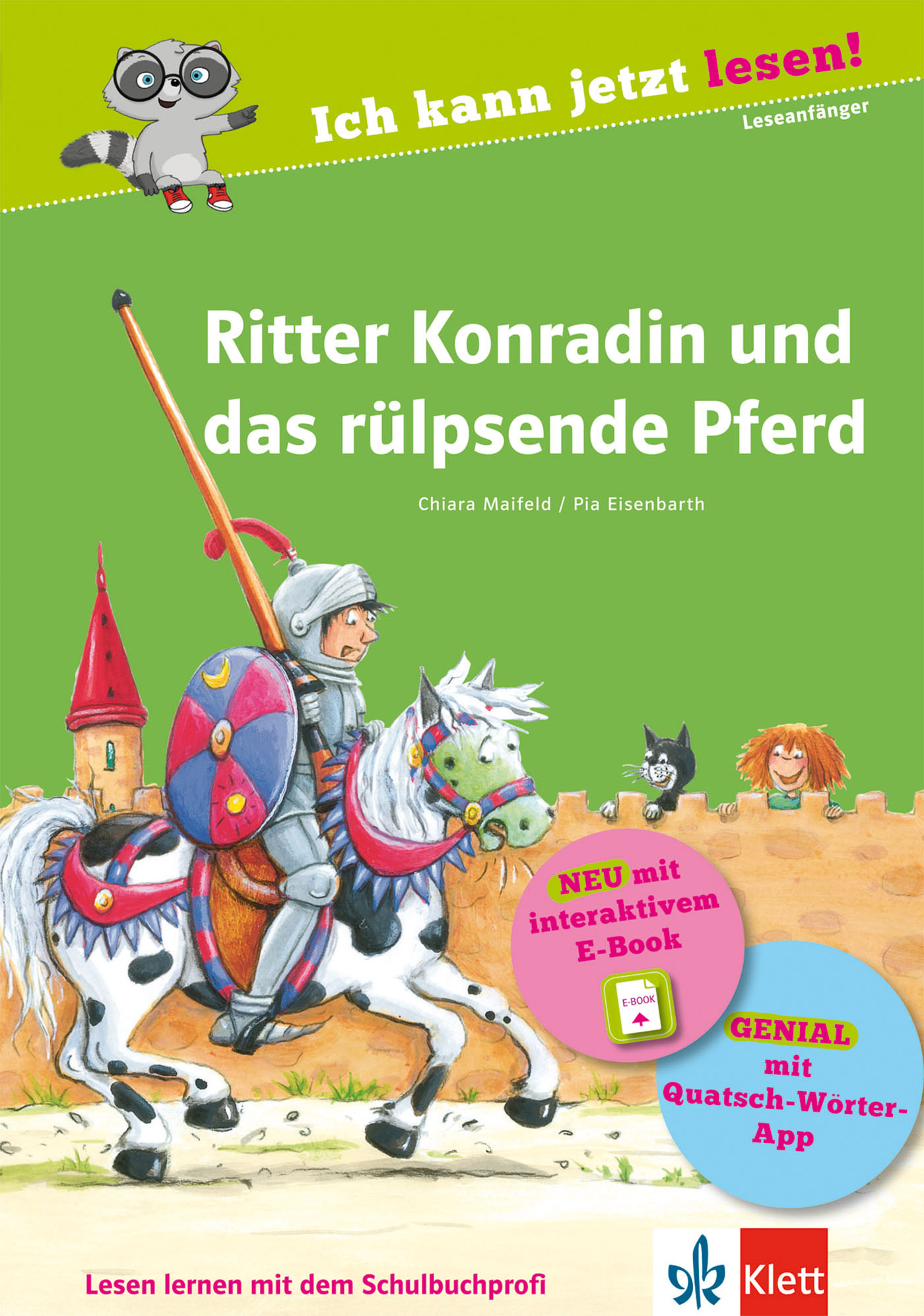 Ein farbenfrohes Buchcover zeigt einen Cartoon-Ritter auf einem weißen Pferd, einen Drachen und eine Burg. Titel: Ritter Konradin und das rülpsende Pferd. Außerdem sind Werbeplaketten und eine Waschbärenfigur zu sehen.