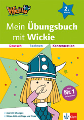 Umschlag eines Arbeitsbuchs mit dem Titel Mein Übungsbuch mit Wickie für die 2. Klasse, das eine Zeichentrickfigur mit einem gehörnten Helm und Texte zu Übungen in Deutsch, Mathematik und Konzentration zeigt.