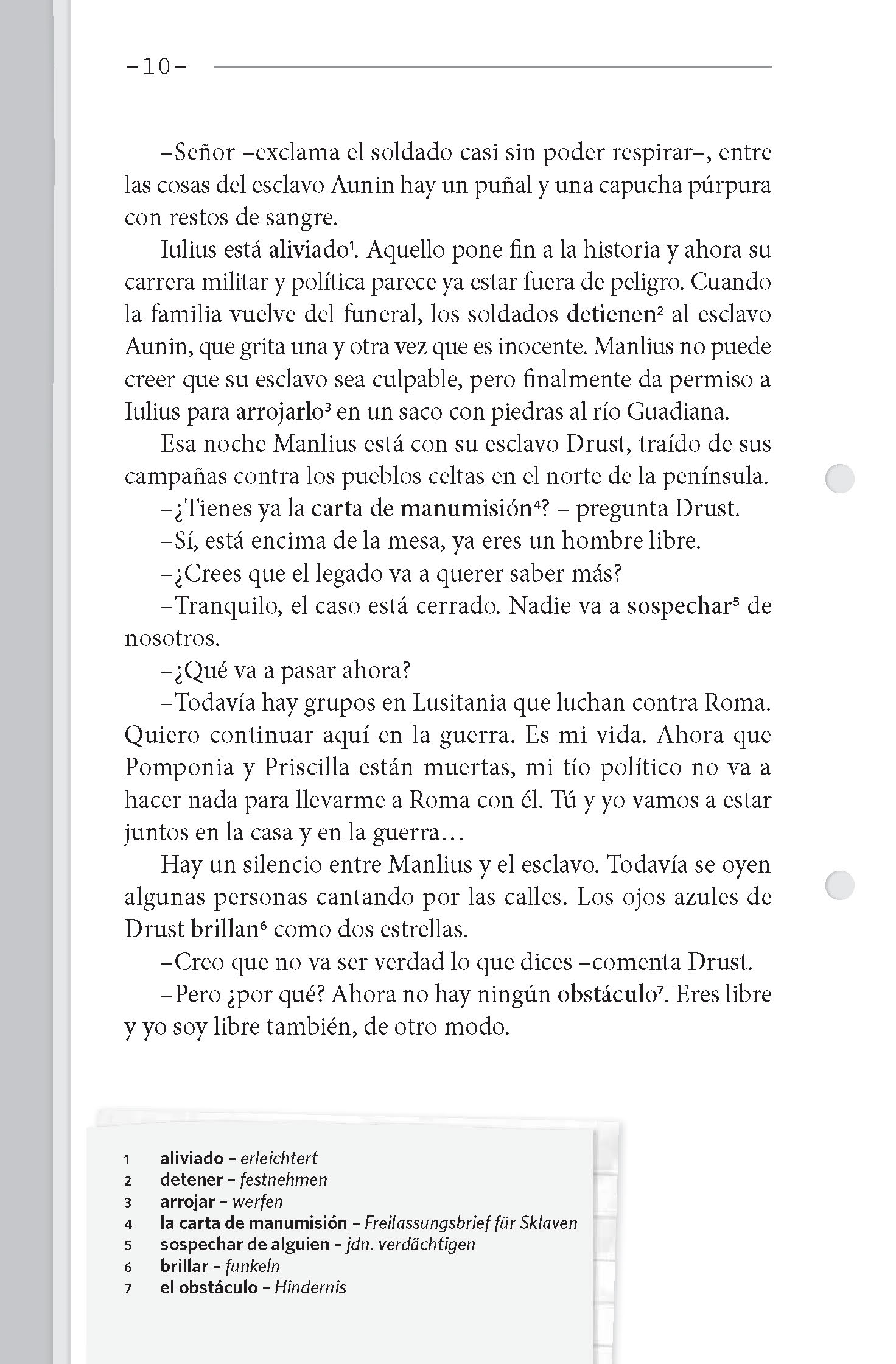 Eine Seite aus einem spanischen Buch mit Dialogen und erzählendem Text über Soldaten, einen Sklaven namens Aunin und Manlius, die über Verdächtigungen und politische Angelegenheiten diskutieren.